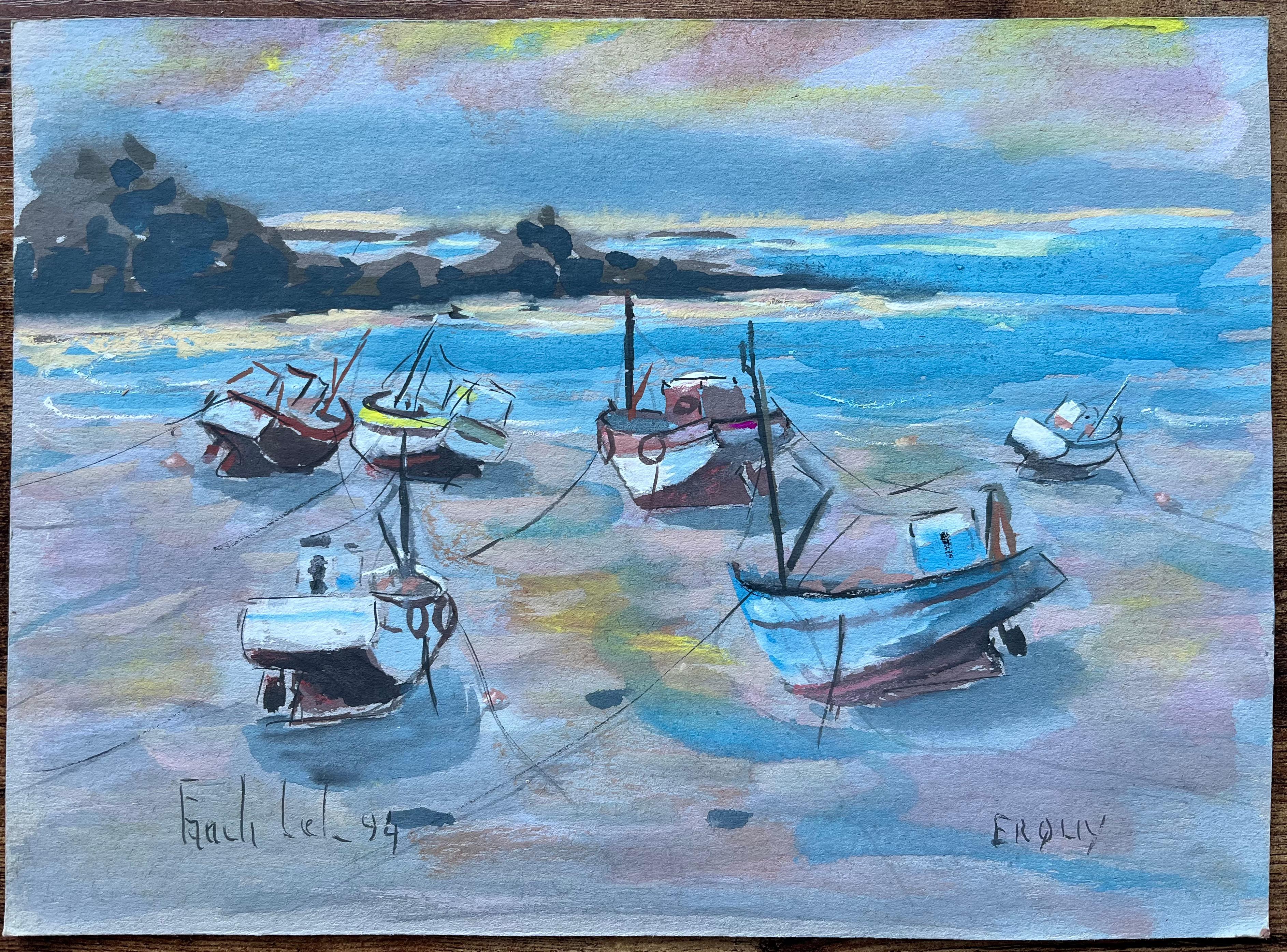 Dipinto a guazzo costiero francese con barche da pesca durante la bassa marea - Painting di Fanch Lel