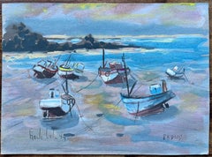 Französisches Coastal Gouache-Gemälde von Fischerbooten an der Küste in niedrigem Tide