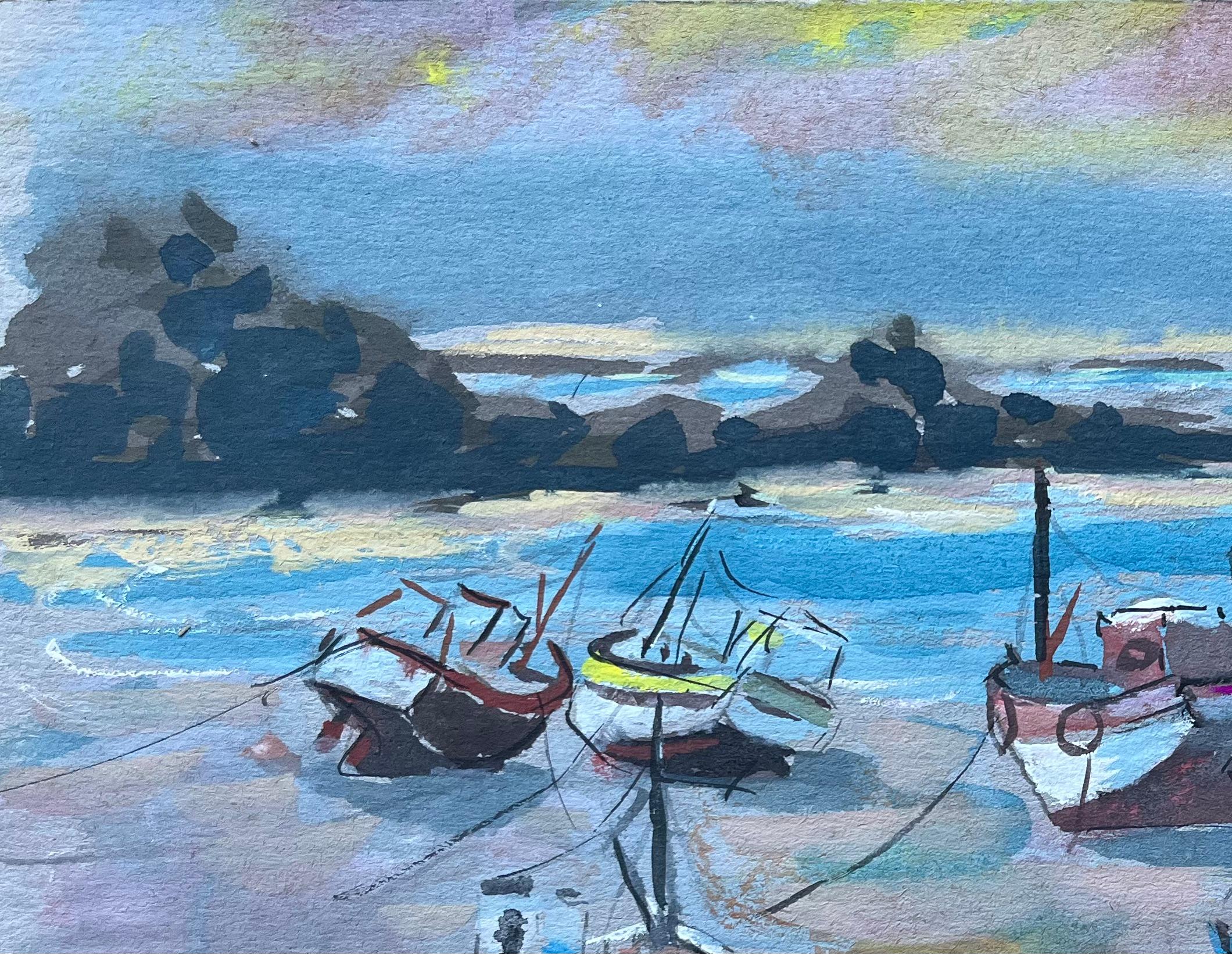 Dipinto a guazzo costiero francese con barche da pesca durante la bassa marea - Painting Impressionismo di Fanch Lel