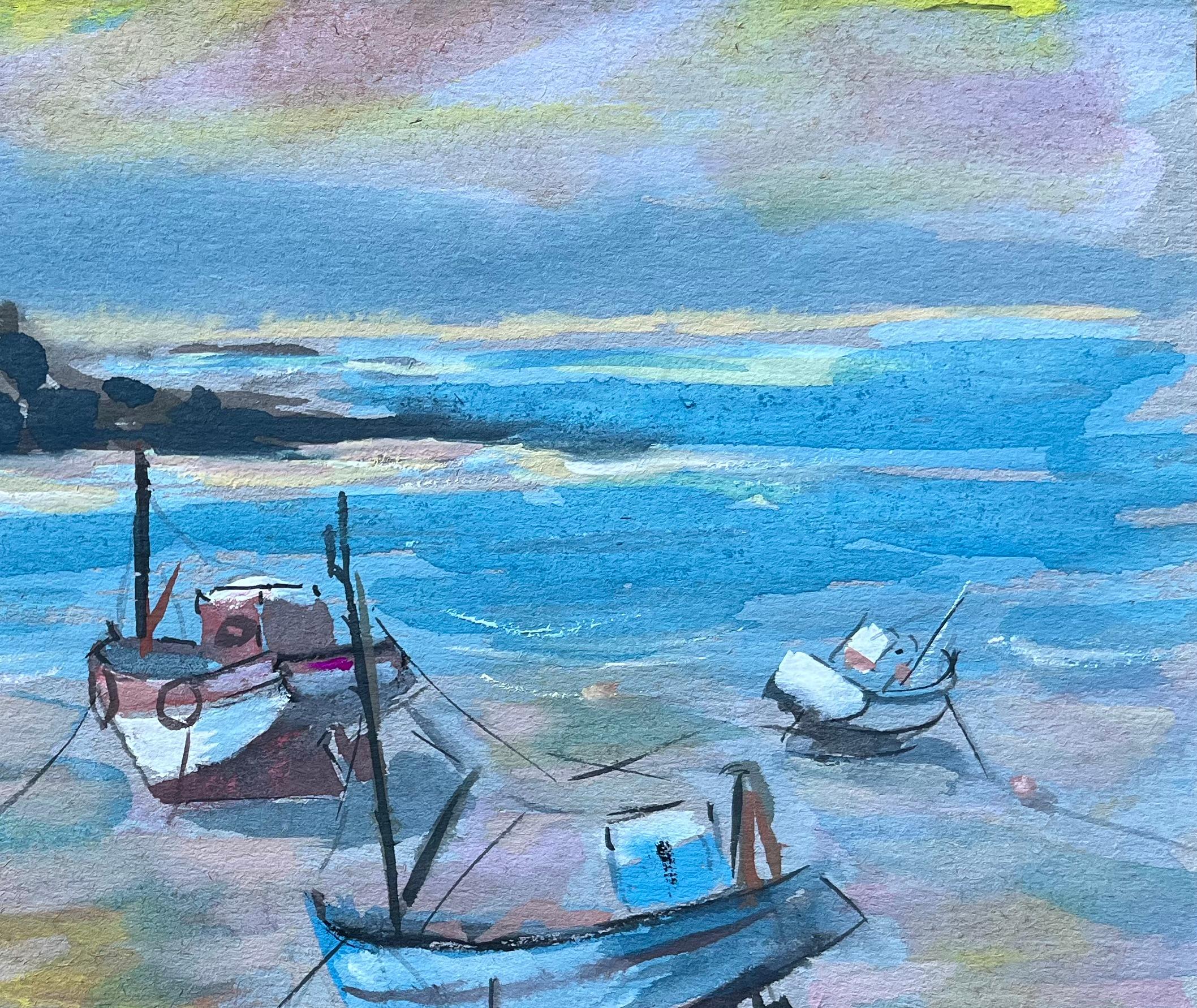 Dipinto a guazzo costiero francese con barche da pesca durante la bassa marea - Figurative Painting Blu di Fanch Lel