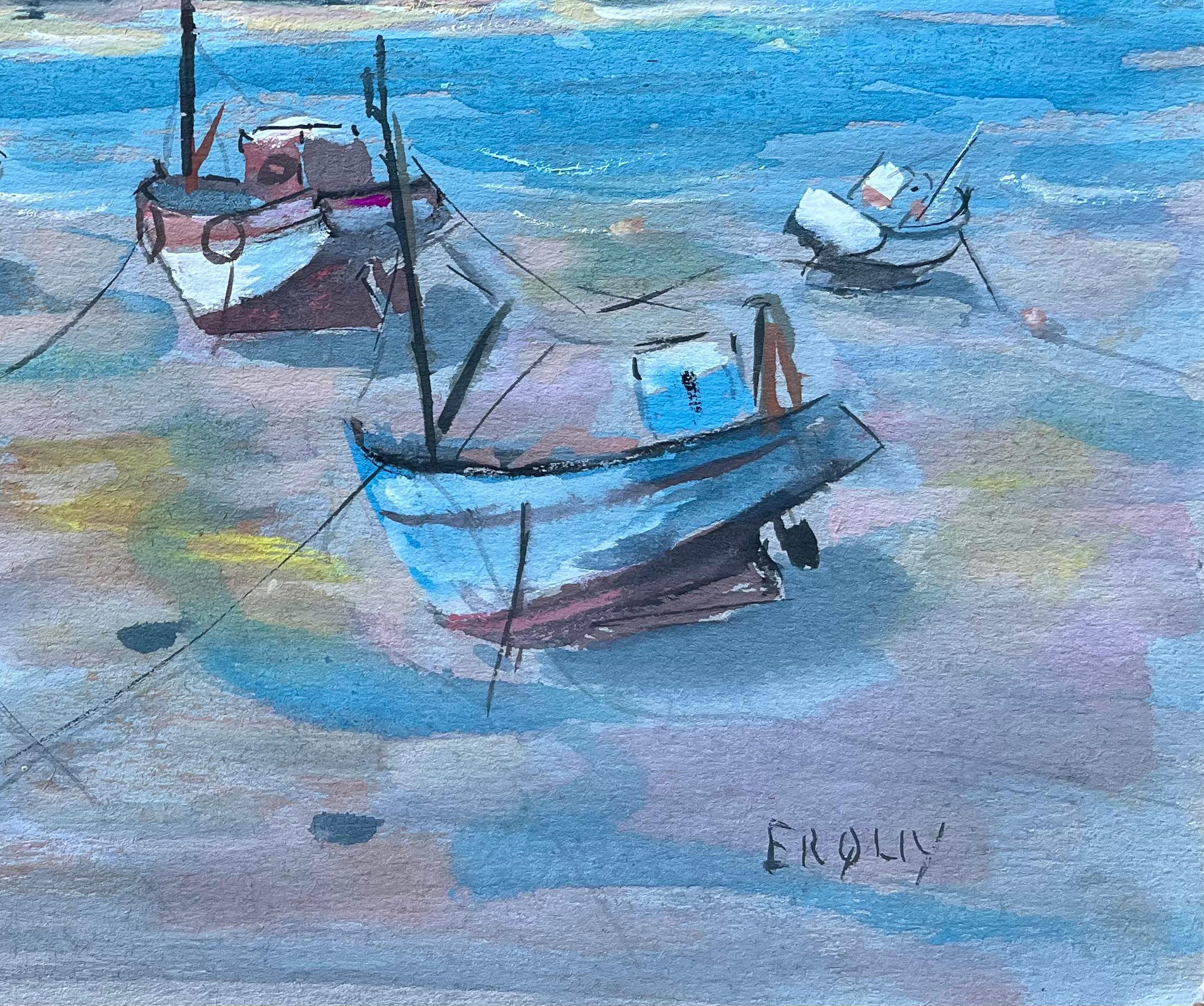 Titolo: Pittura a guazzo costiera francese di barche da pesca con la bassa marea
di Fanch Lel (francese, nato nel 1930)
Firmato: Yes One
Dimensioni: 8,75 pollici (altezza) x 12,25 pollici (larghezza)
Pittura a guazzo su carta, senza cornice
Condit: