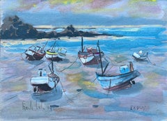 French Coastal Gouache Painting of Fishing Boats at Low Tide