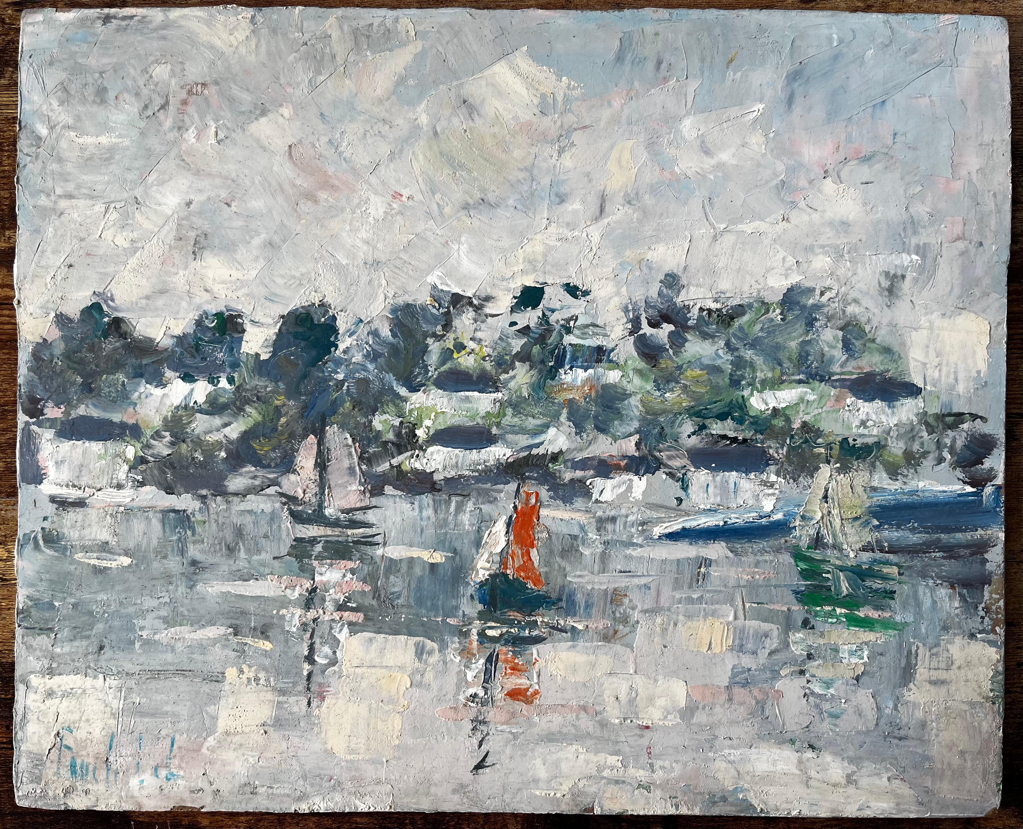French Coastal Harbour Scene with Sailboats and Reflections Mid Century Painting - Gray Abstract Painting by Fanch Lel