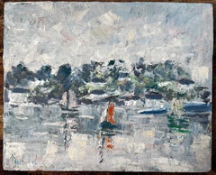 Französisch Küstenhafen Szene mit Segelbooten und Reflexionen Mid Century Malerei