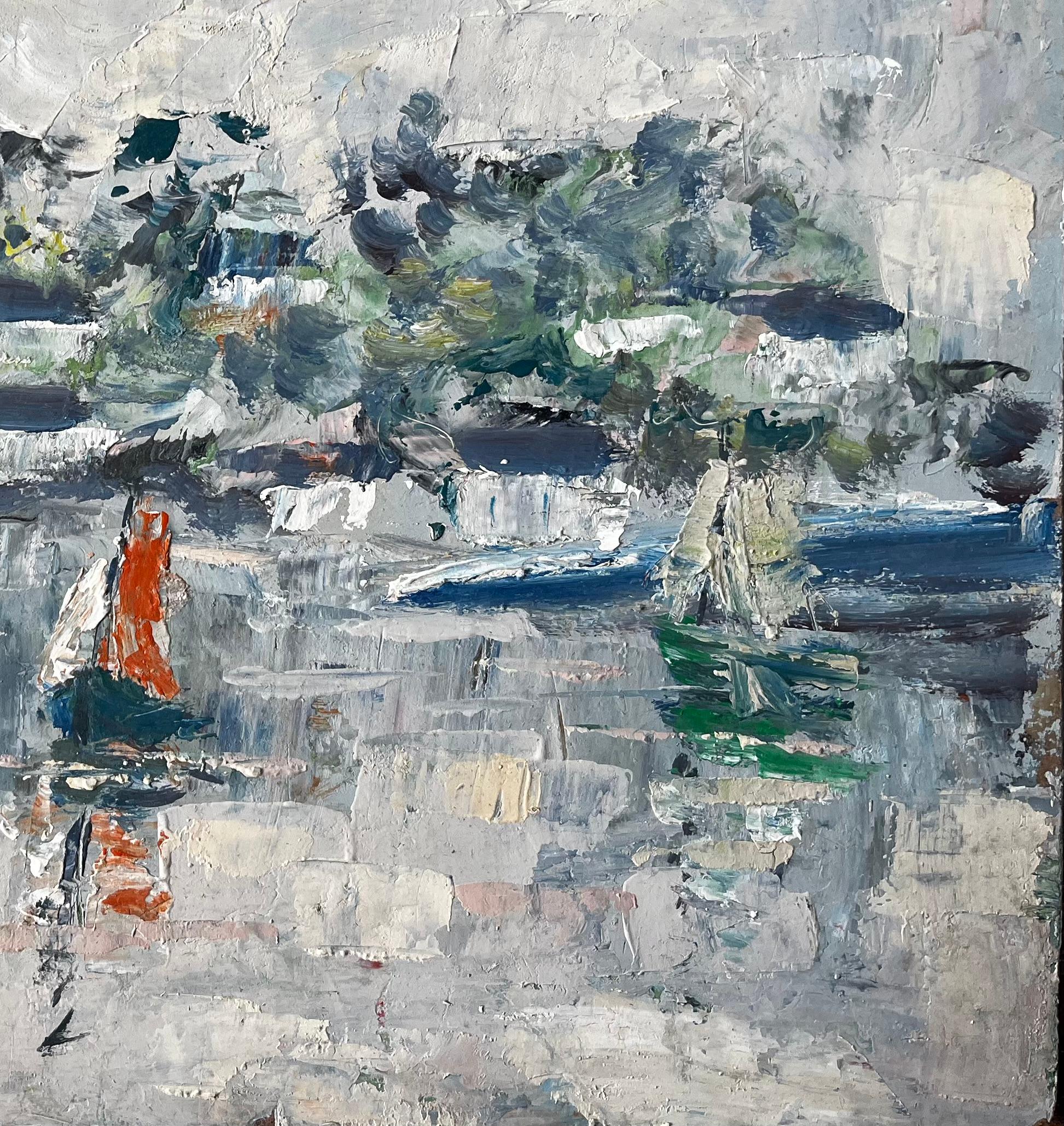 Title: French Coastal Harbour Scene with Sailboats and Reflections Mid Century Painting
by Fanch Lel
Signed: Bottom left corner
Size: 13 x 16 inches (height x width)
Oil painting on board, unframed
Condition: Good overall condition. Minor surface