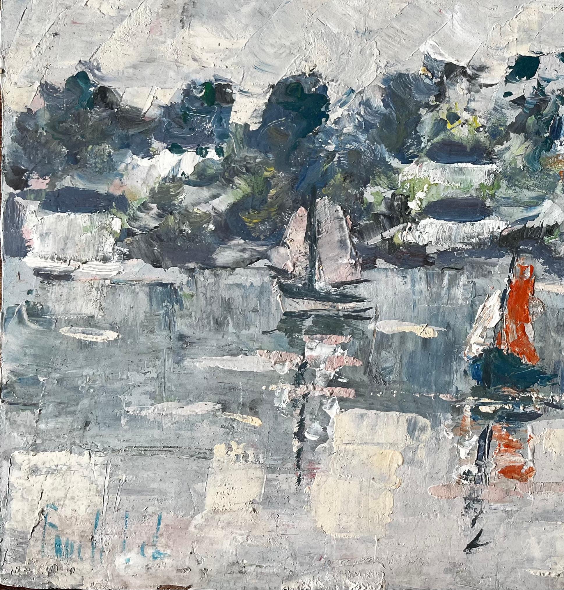 French Coastal Harbour Scene with Sailboats and Reflections Mid Century Painting For Sale 1