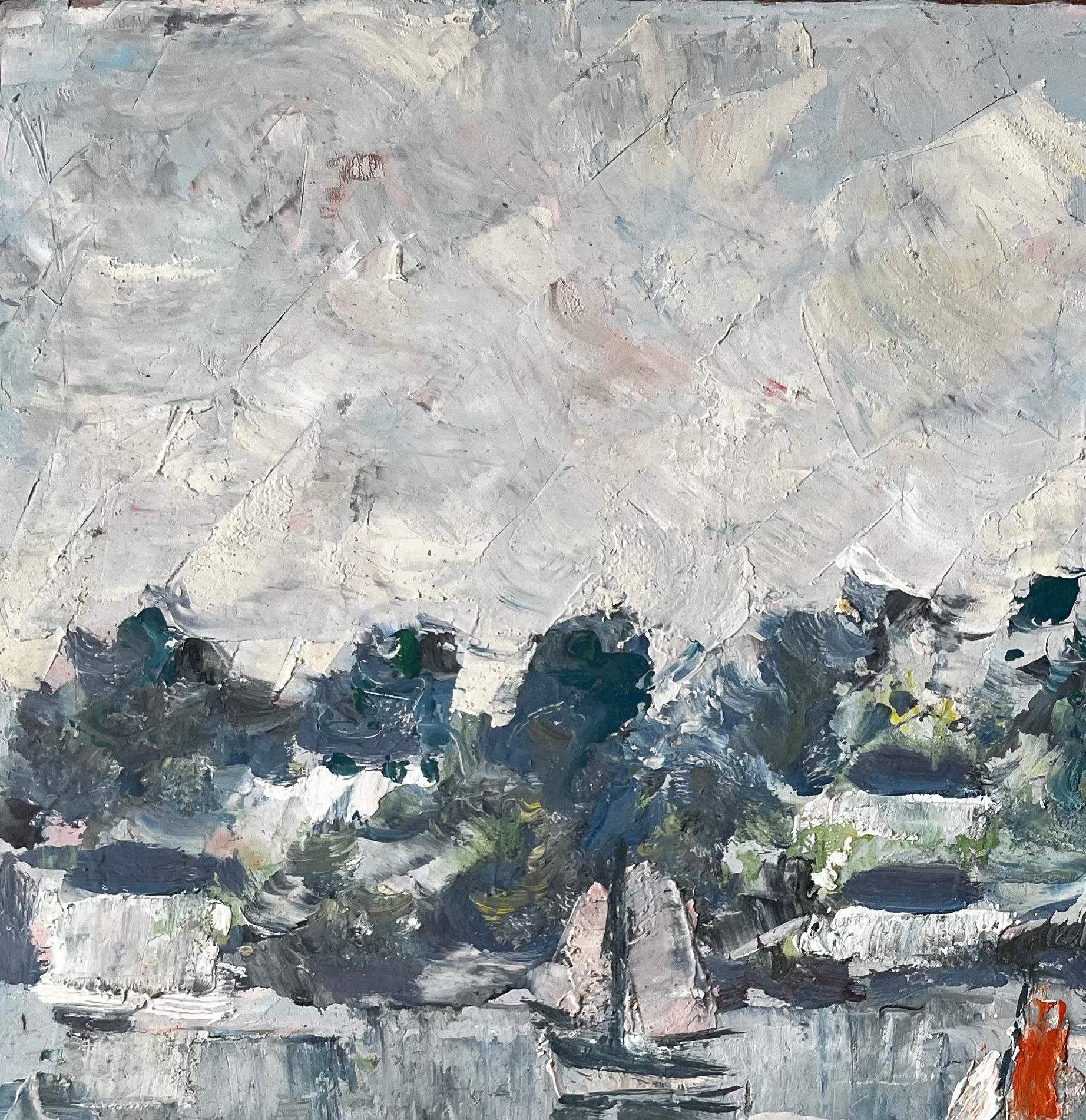 French Coastal Harbour Scene with Sailboats and Reflections Mid Century Painting For Sale 2