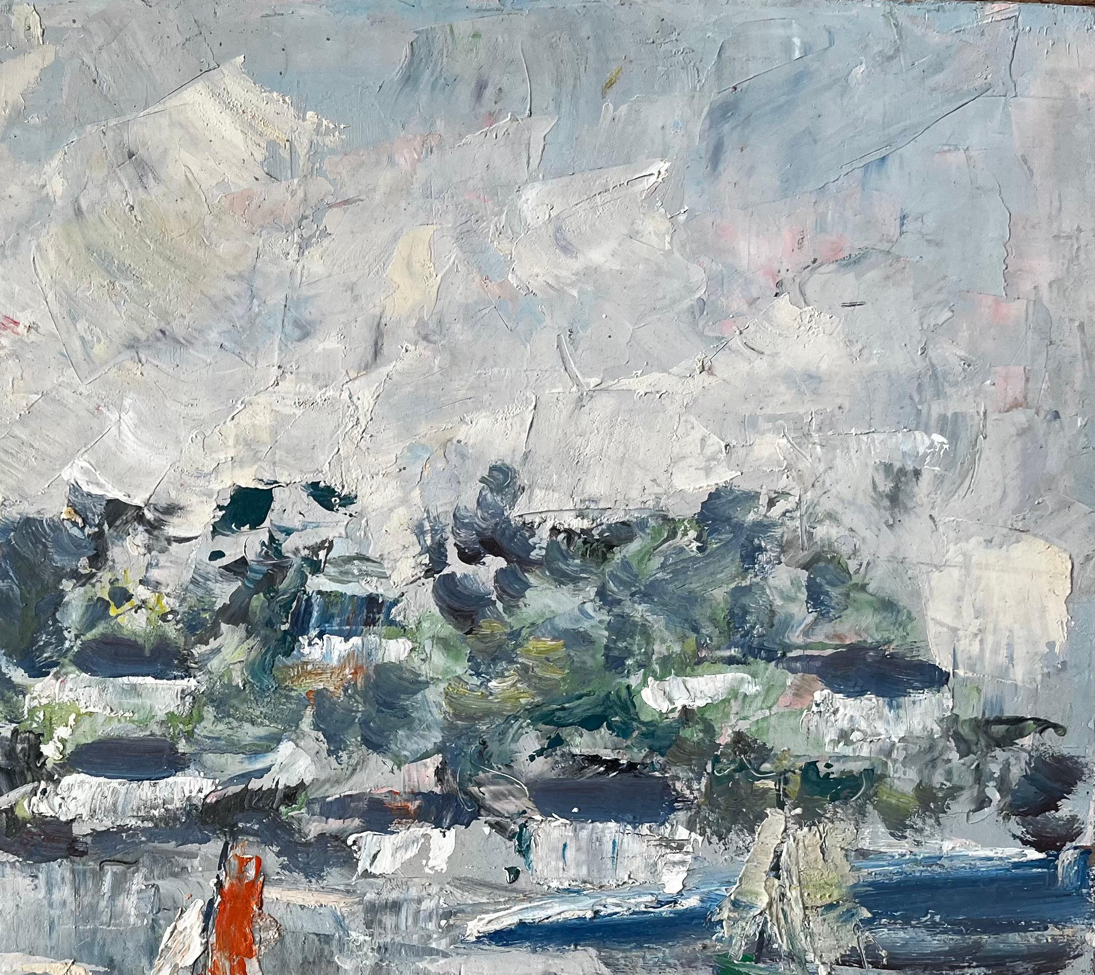 French Coastal Harbour Scene with Sailboats and Reflections Mid Century Painting For Sale 3