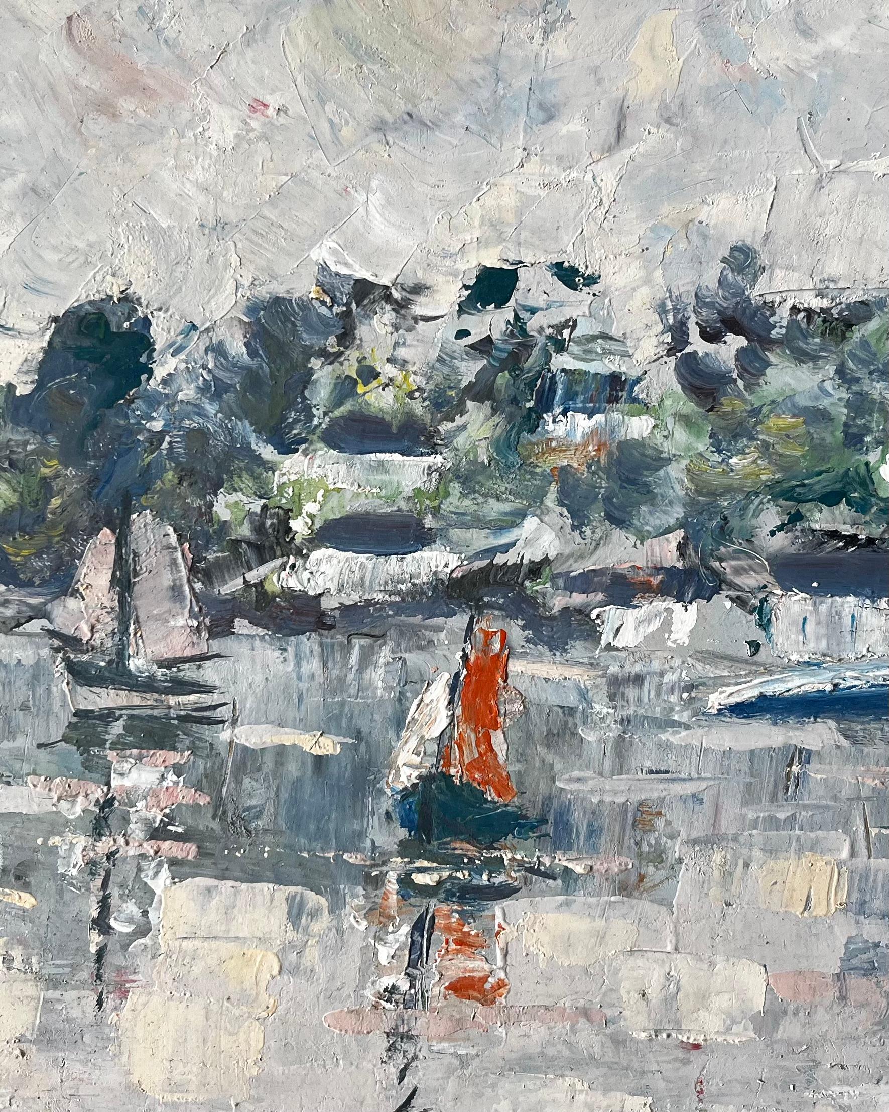 French Coastal Harbour Scene with Sailboats and Reflections Mid Century Painting For Sale 4