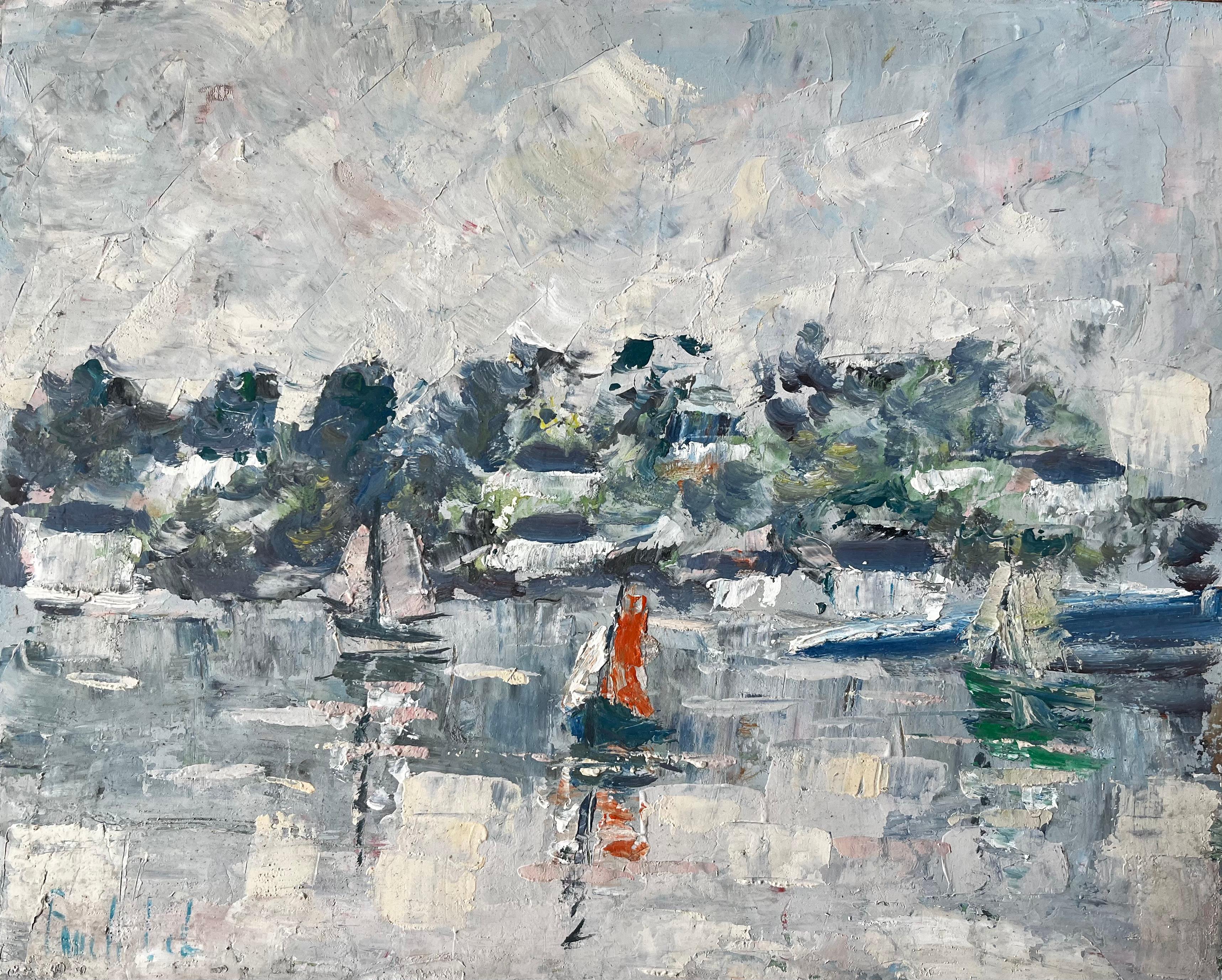 French Coastal Harbour Scene with Sailboats and Reflections Mid Century Painting