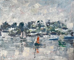 Vintage French Coastal Harbour Scene with Sailboats and Reflections Mid Century Painting