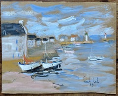 French Coastal Harbour with Houses and Boats and Twin Lighthouses