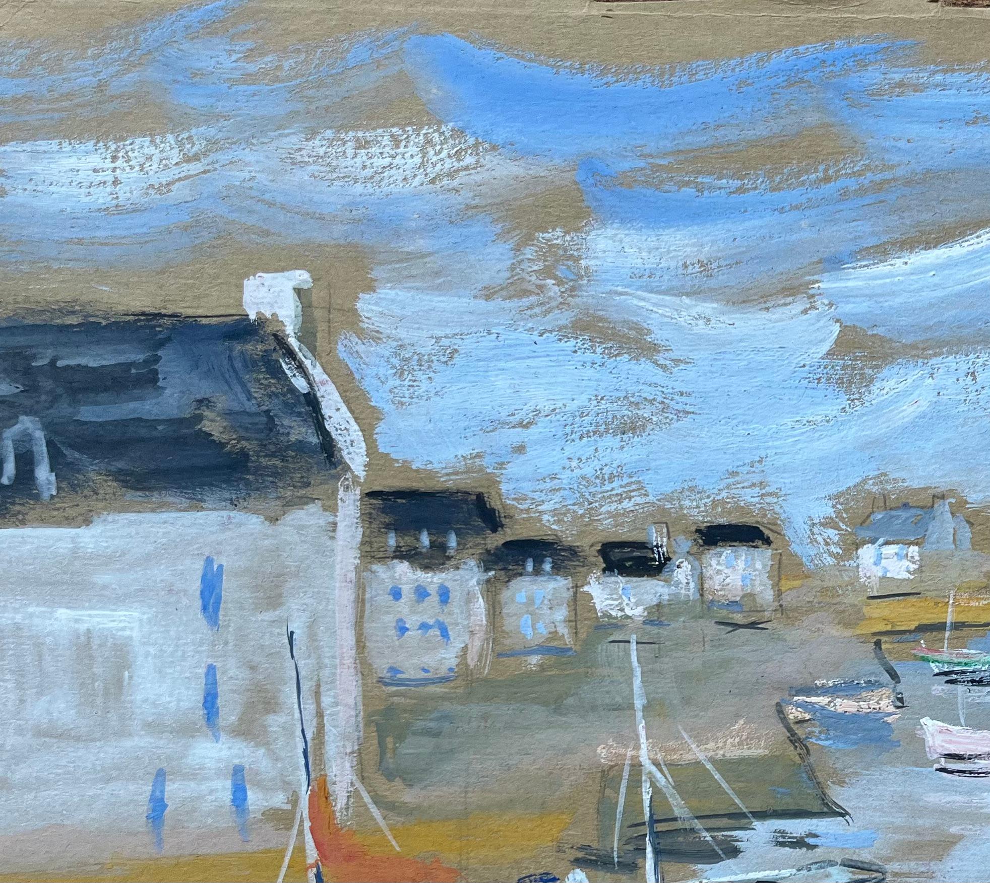 Französischer Küsten Hafen mit Häusern und Booten und zwei Leuchten (Impressionismus), Painting, von Fanch Lel