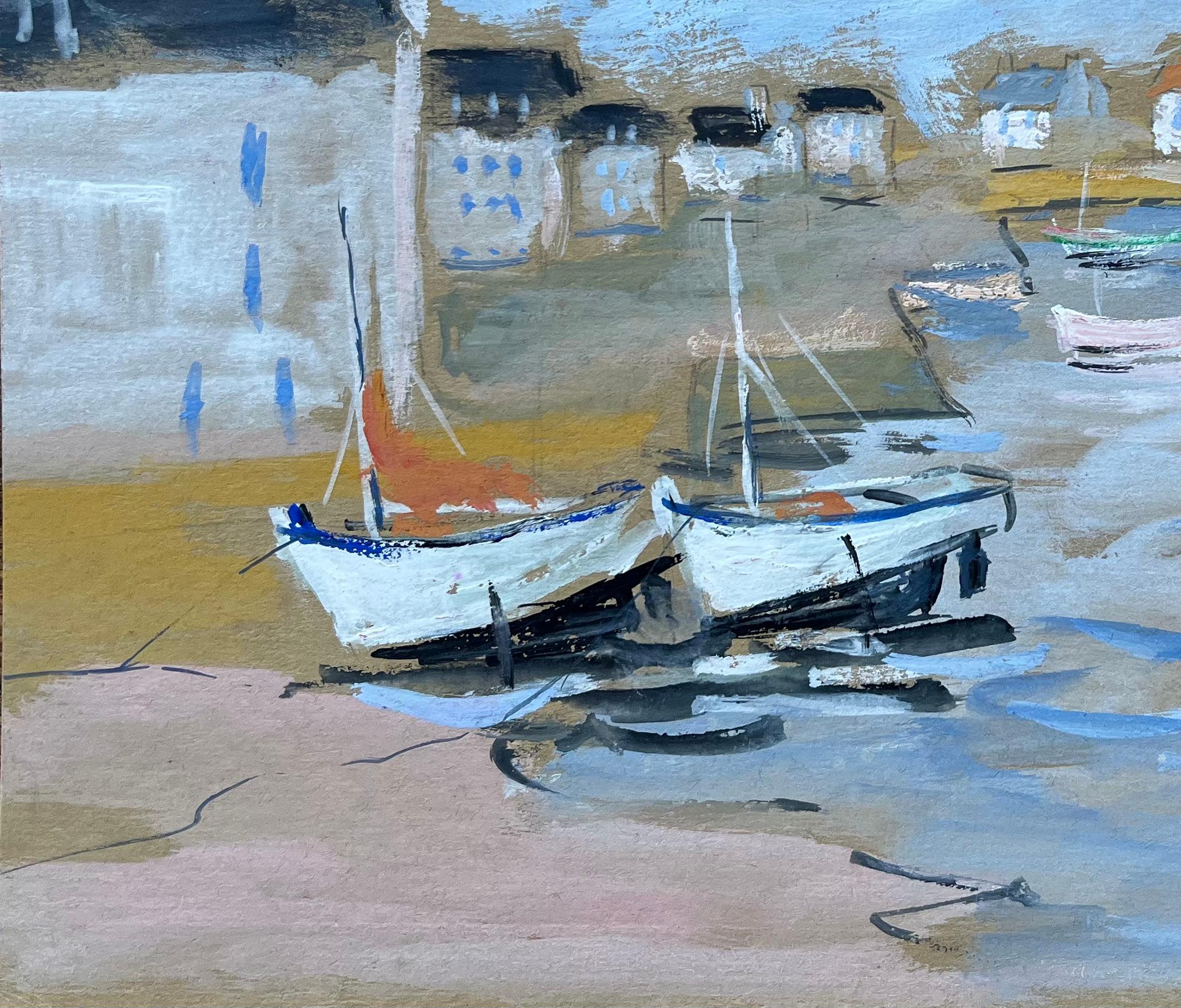 Französischer Küsten Hafen mit Häusern und Booten und zwei Leuchten (Blau), Figurative Painting, von Fanch Lel