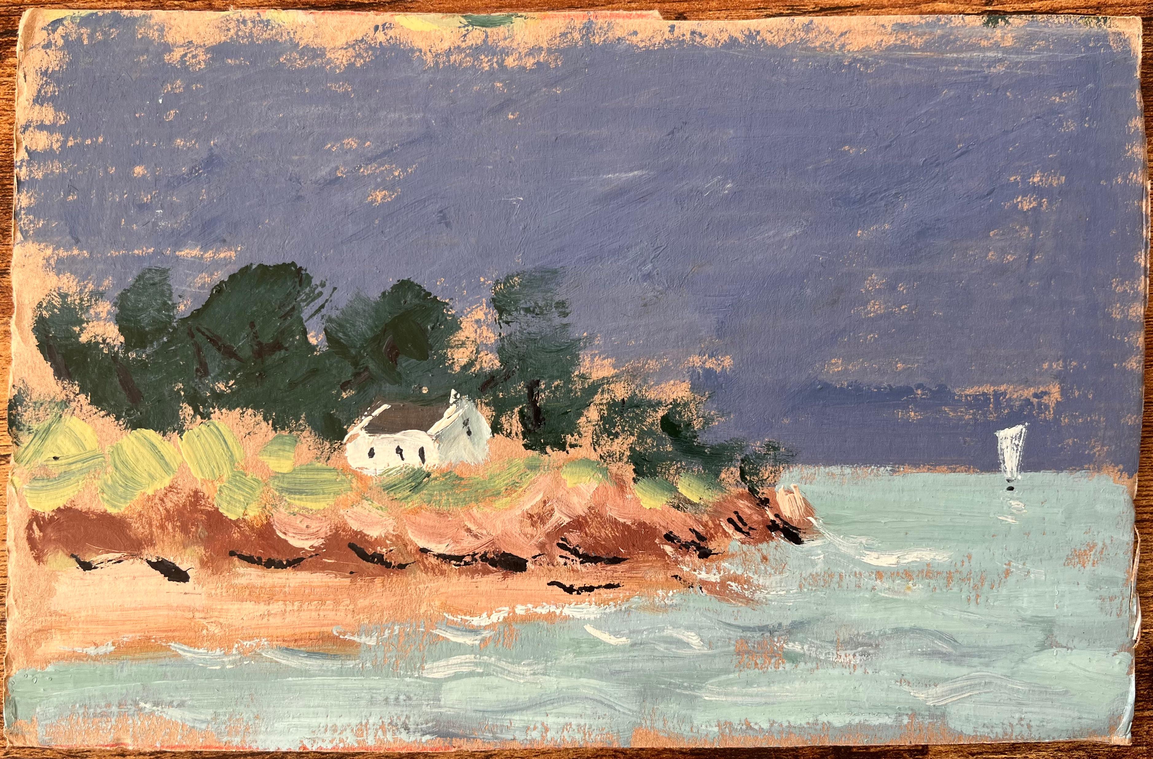 Paysage côtier français avec cottage et voilier blancs sous un ciel sombre - Painting de Fanch Lel