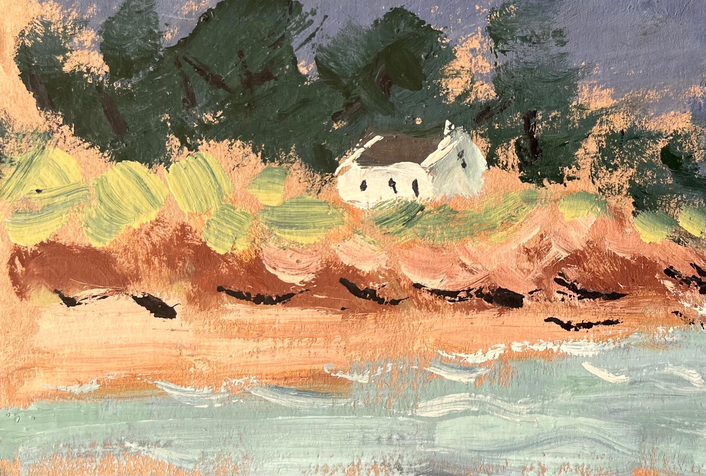 Paysage côtier français avec cottage et voilier blancs sous un ciel sombre - Impressionnisme Painting par Fanch Lel