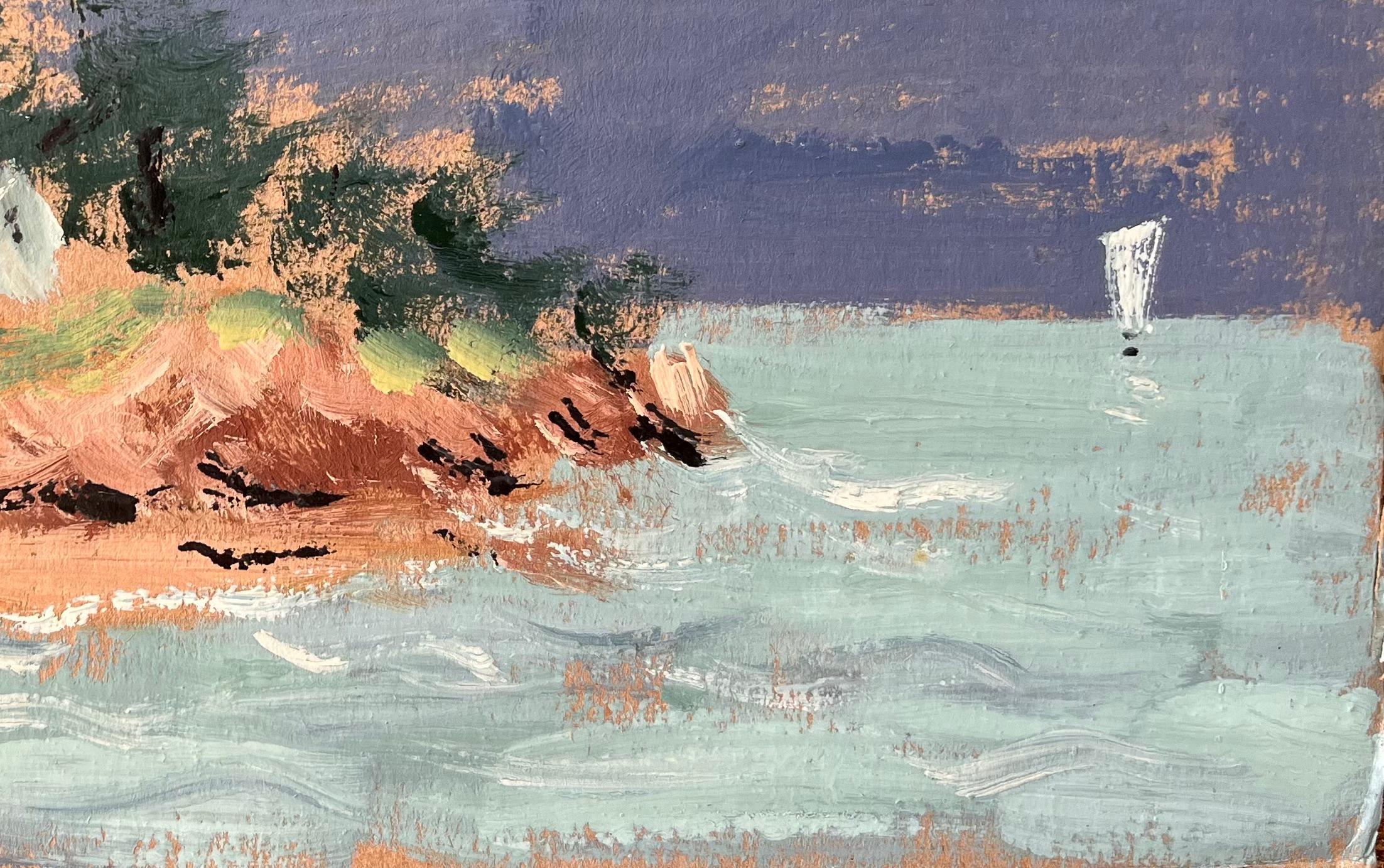 Titre : Paysage côtier français avec chalet blanc et voilier sous un ciel sombre
Par Fanch Lel
Taille : 6.75 x 10.5 pouces (hauteur x largeur)
Peinture à l'huile sur carton, non encadrée
Condit : Bon état général avec de légères marques de