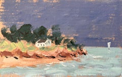 Vintage French Coastal Landscape with White Cottage and Sailboat Under a Dark Sky