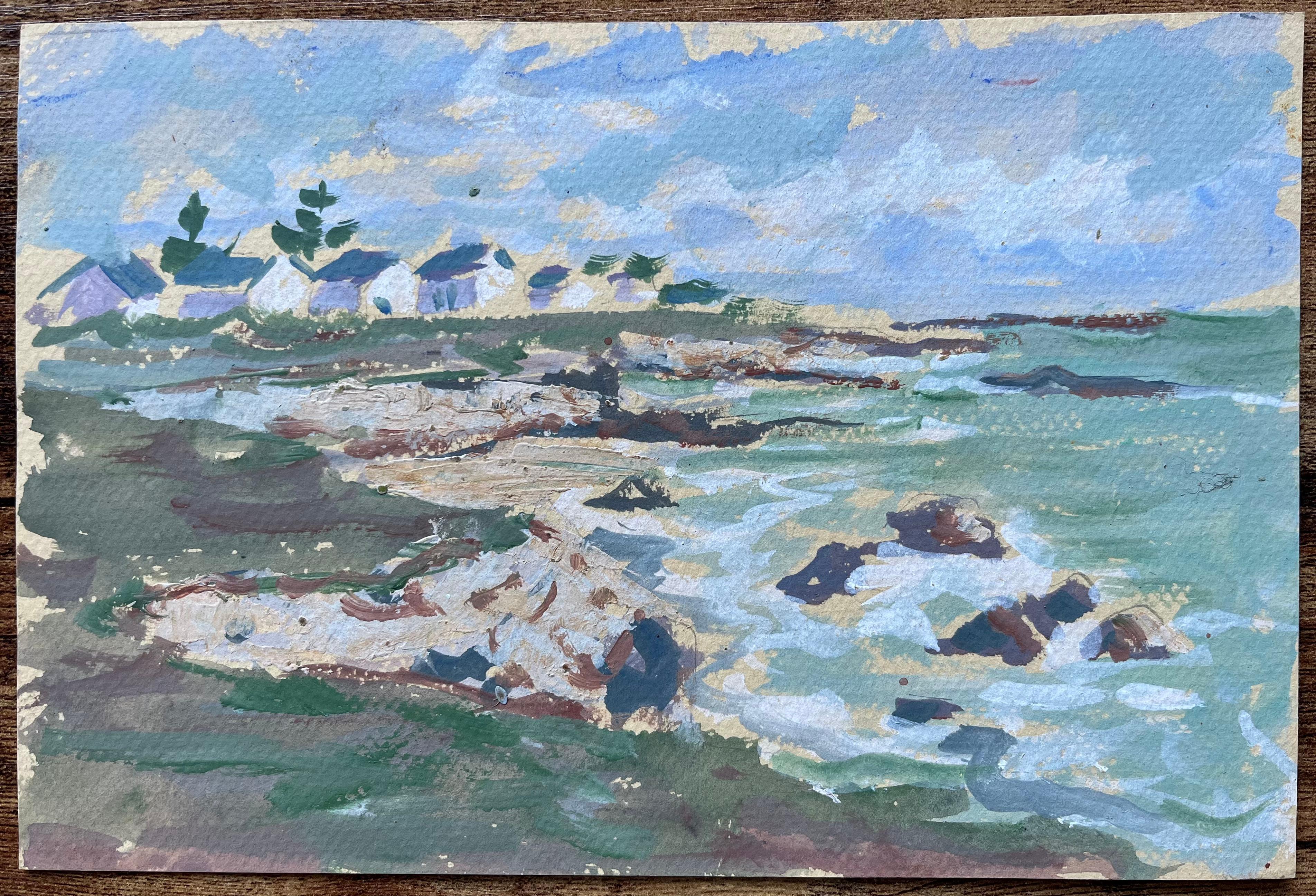 Paisaje costero francés con casitas blancas y costa rocosa - Painting de Fanch Lel