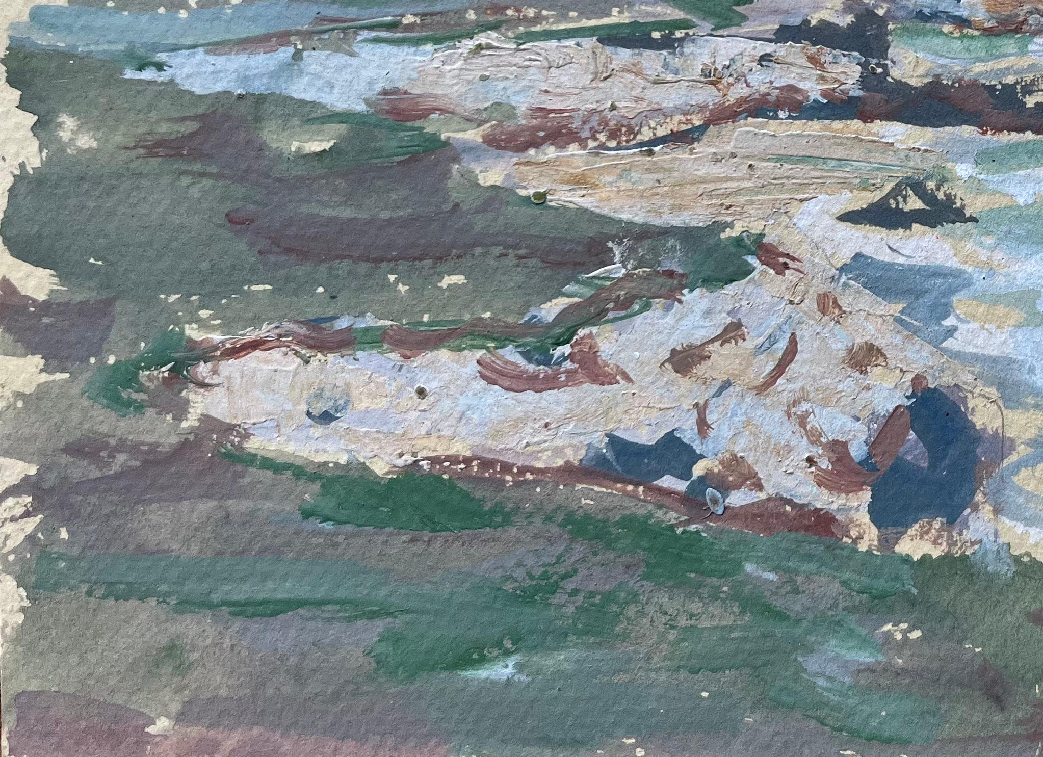 Paisaje costero francés con casitas blancas y costa rocosa - Figurative Painting Azul de Fanch Lel
