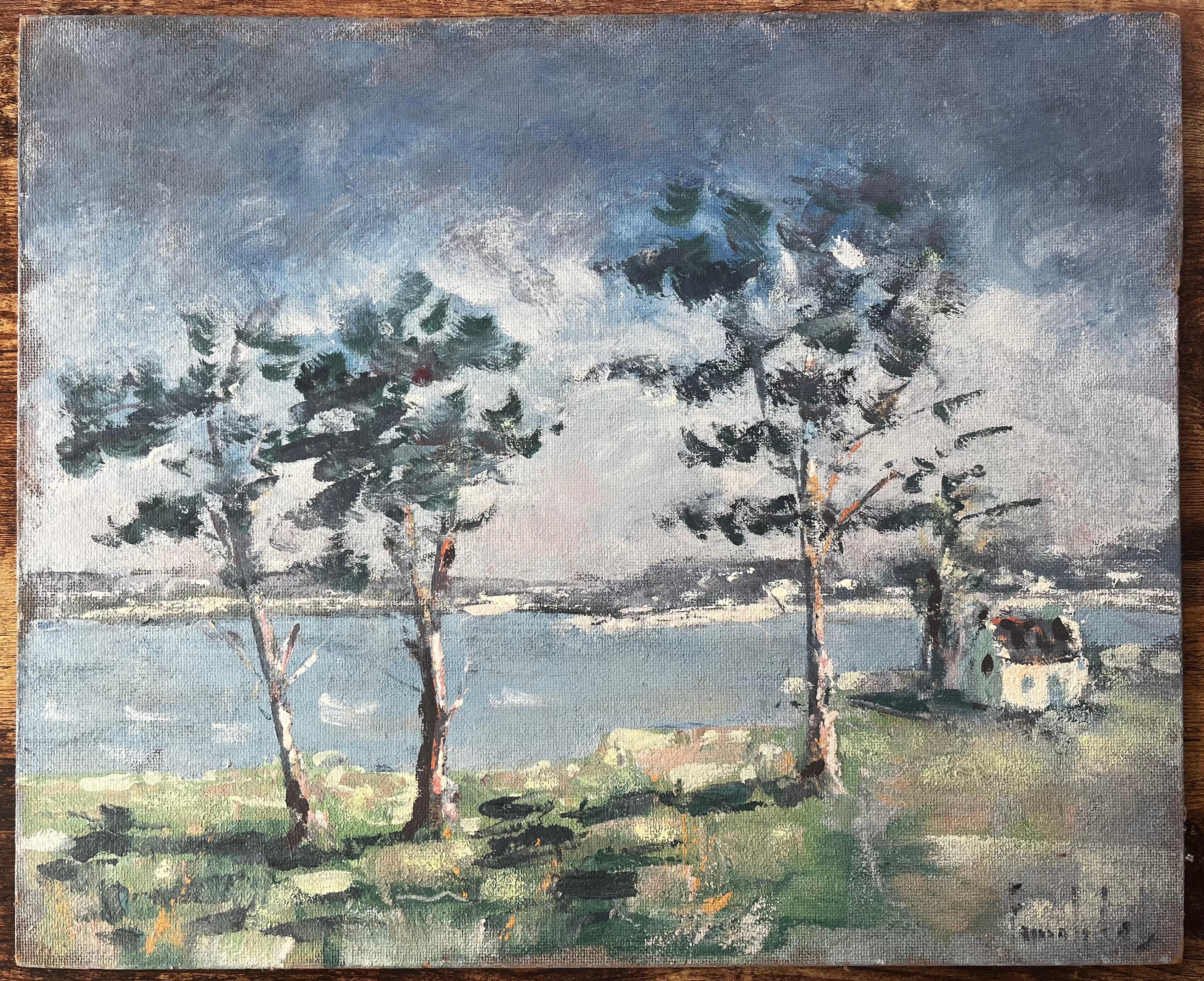 Paisaje Costero Francés con Árboles Barridos por el Viento en Golfe du Morbihan Bretaña - Painting de Fanch Lel