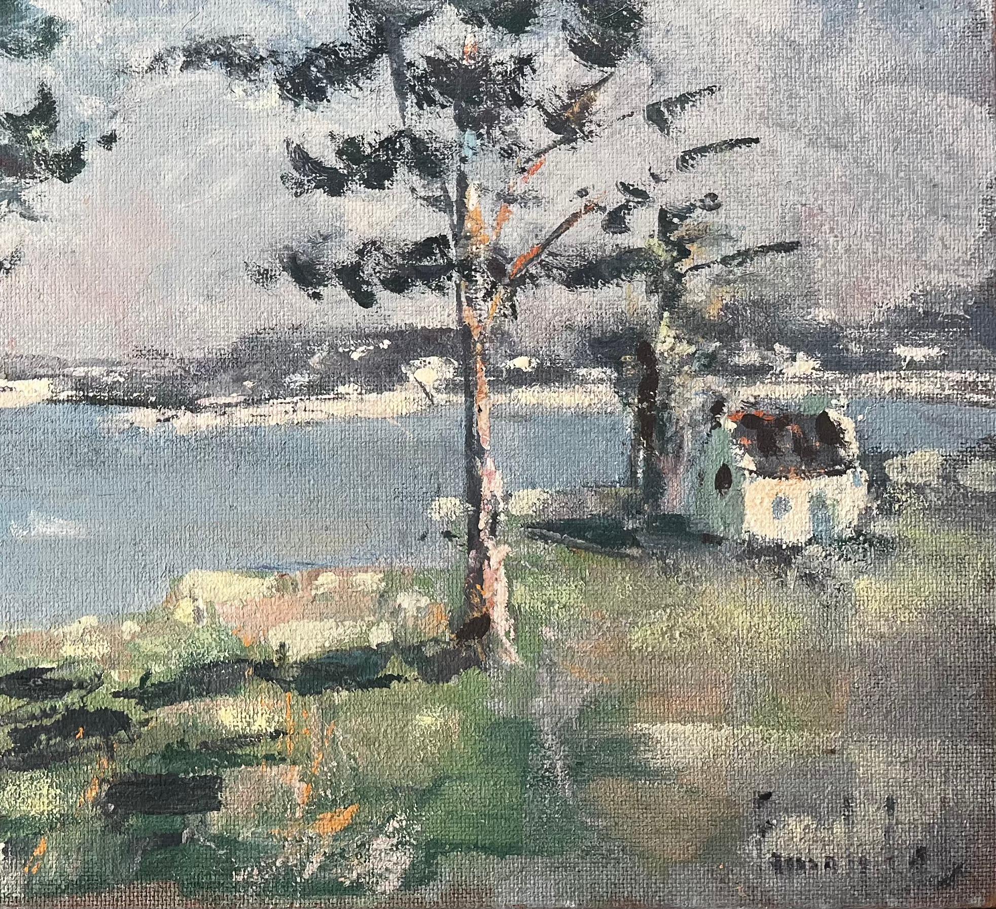 Paisaje Costero Francés con Árboles Barridos por el Viento en Golfe du Morbihan Bretaña - Painting Impresionista de Fanch Lel