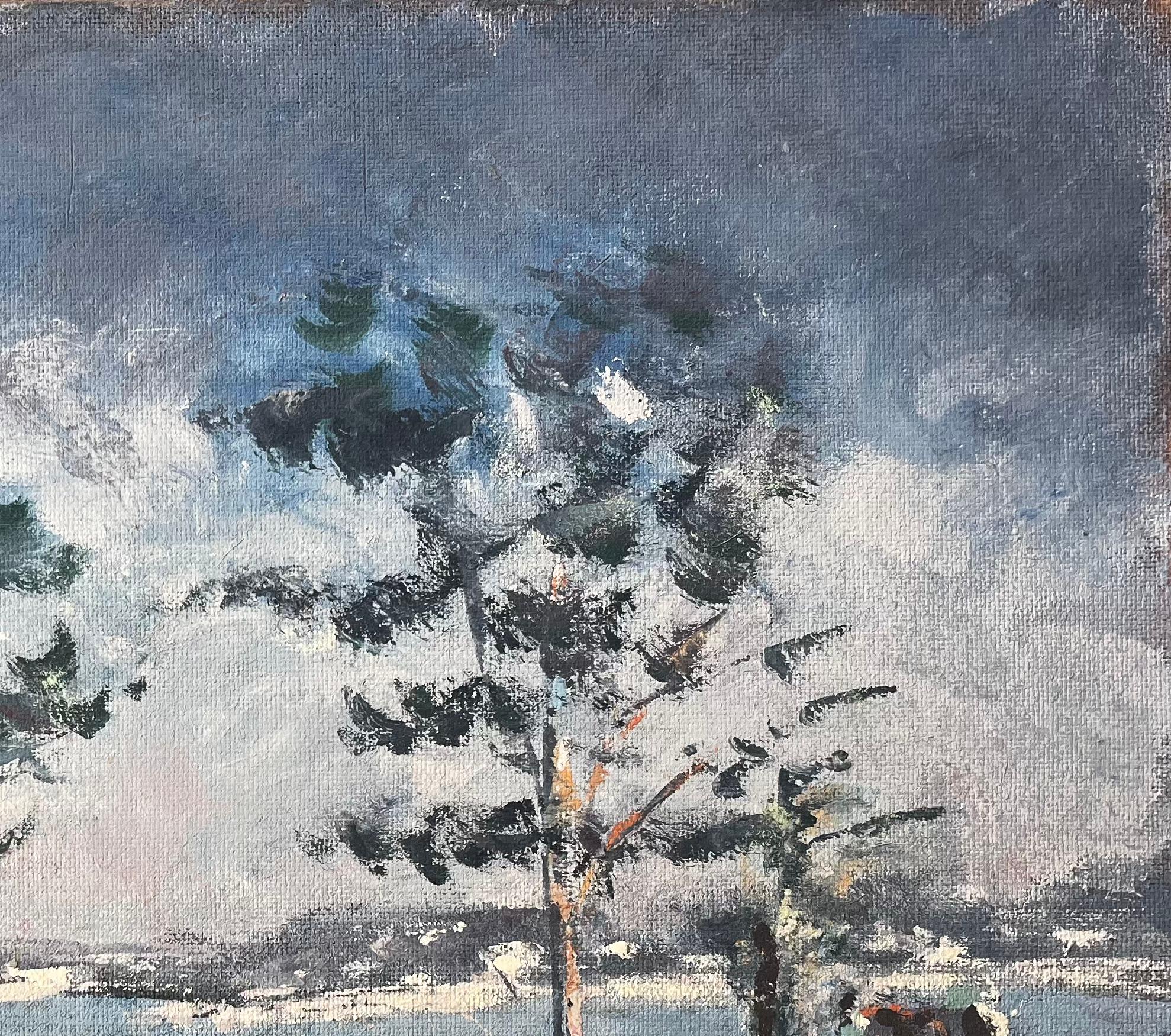 Paisaje Costero Francés con Árboles Barridos por el Viento en Golfe du Morbihan Bretaña - Abstract Painting Gris de Fanch Lel