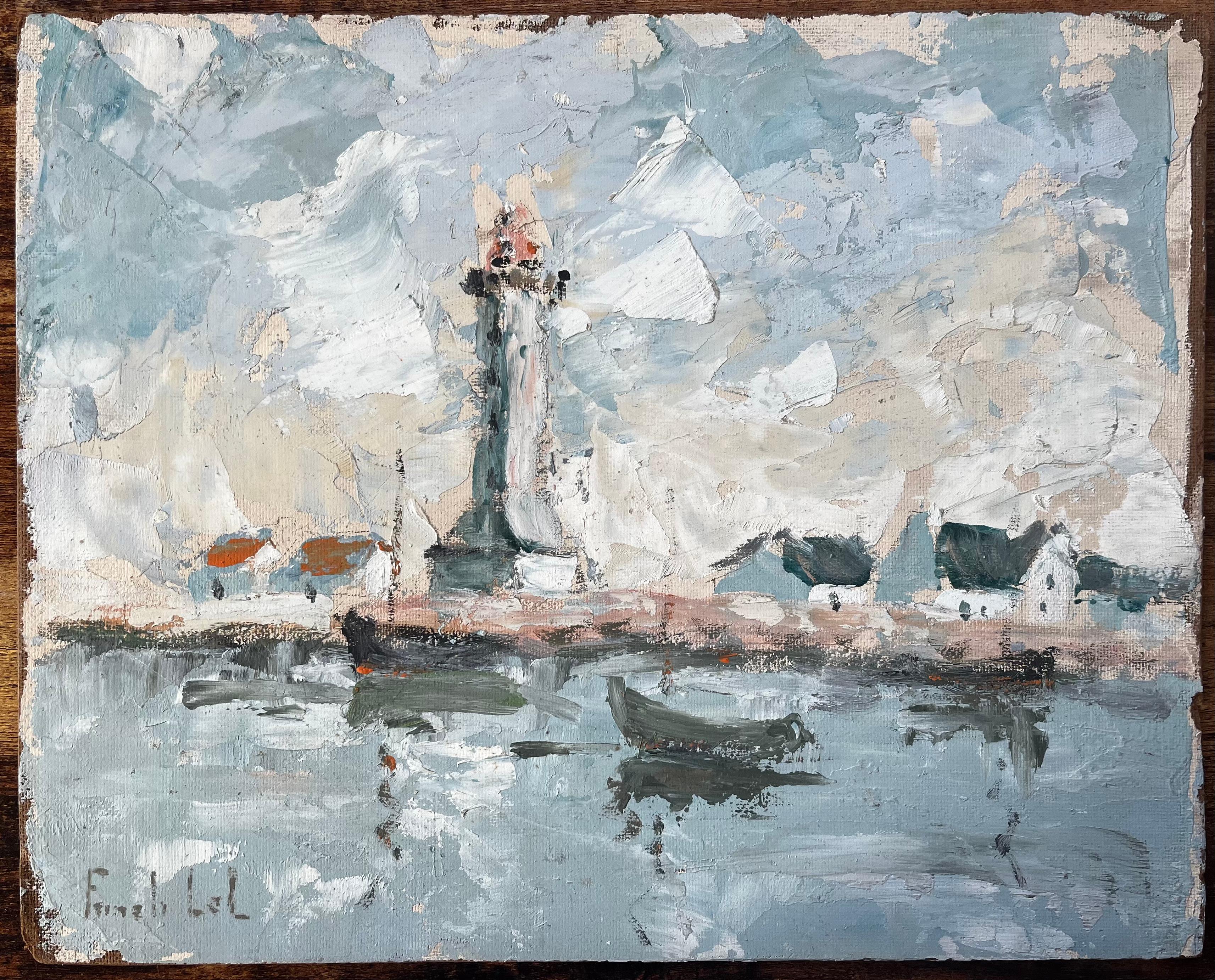 French Coastal Lighthouse Scene With Boats Cottages And Sky Oil Painting - Gray Landscape Painting by Fanch Lel