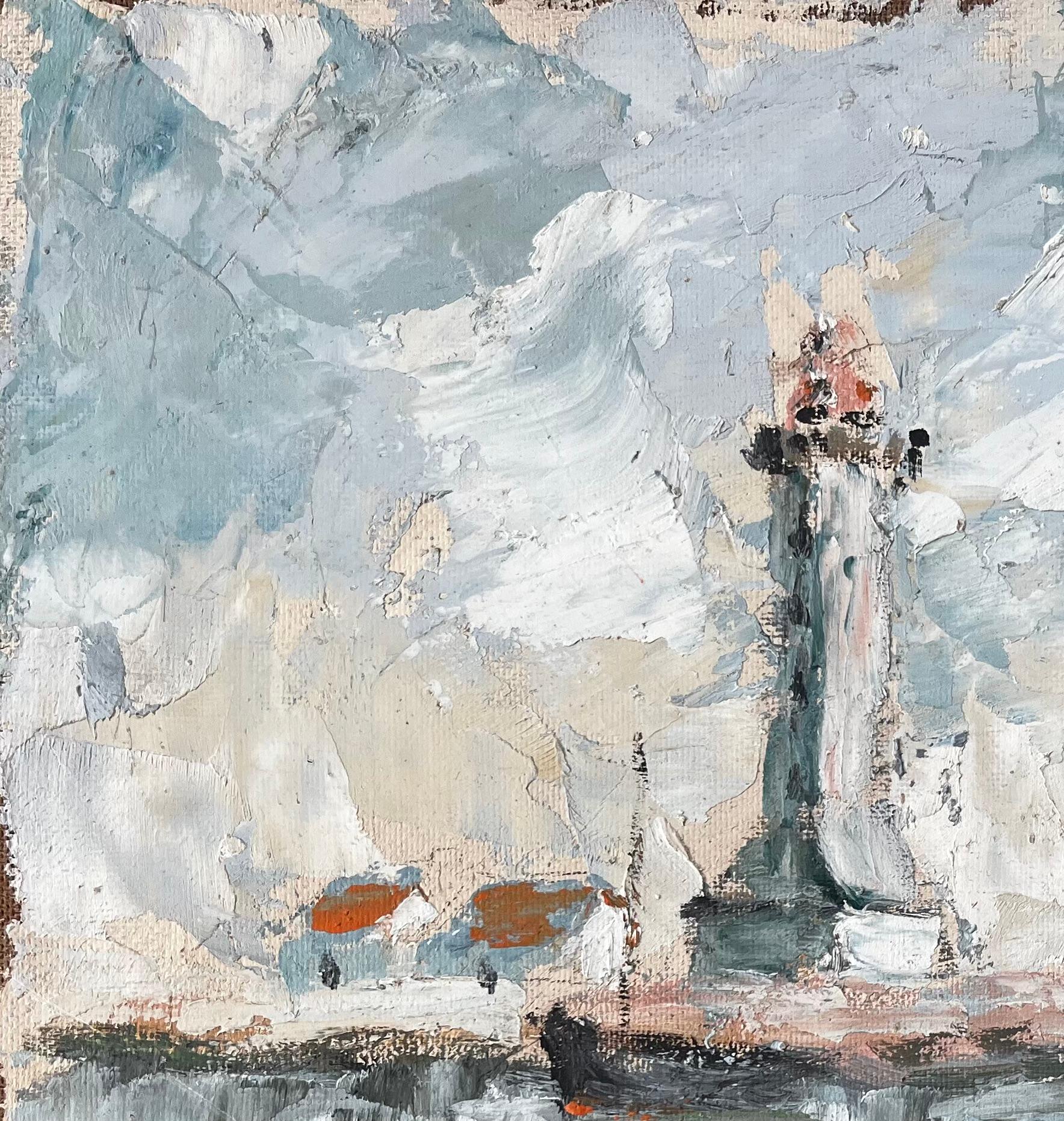 Title: French Coastal Lighthouse Scene With Boats Cottages And Sky Oil Painting
by Fanch Lel
Signed: Bottom left corner
Size: 13 x 16.25 inches (height x width)
Oil painting on board, unframed
Condition: Good overall condition. Minor surface wear