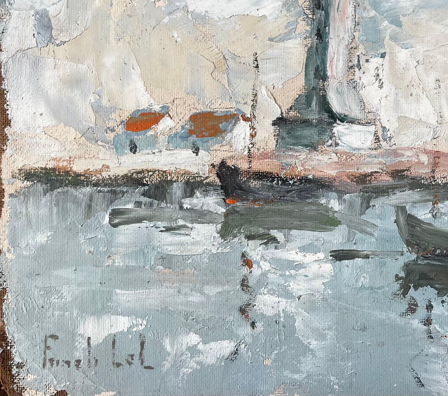 French Coastal Lighthouse Scene With Boats Cottages And Sky Oil Painting For Sale 1