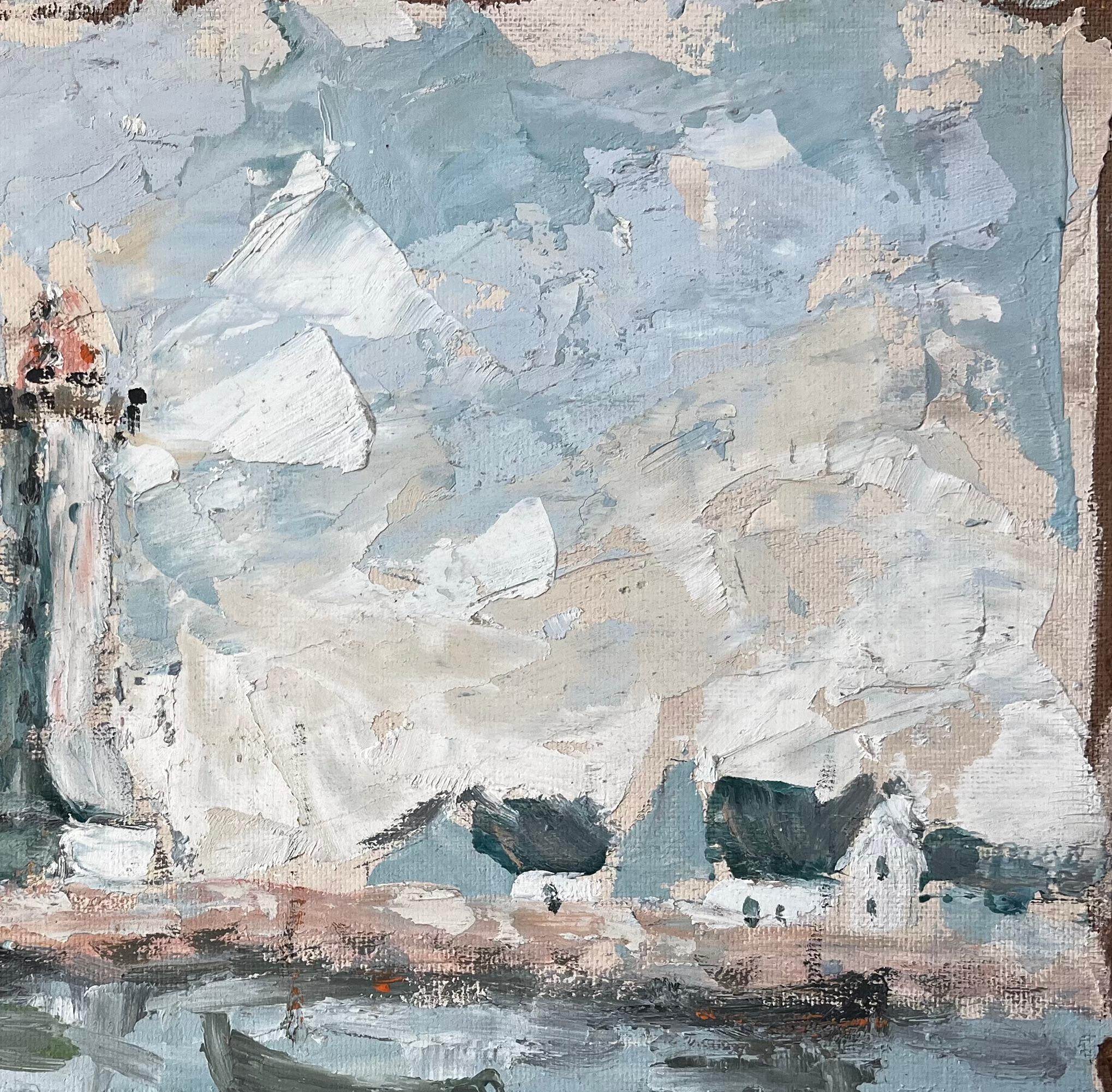 French Coastal Lighthouse Scene With Boats Cottages And Sky Oil Painting For Sale 2