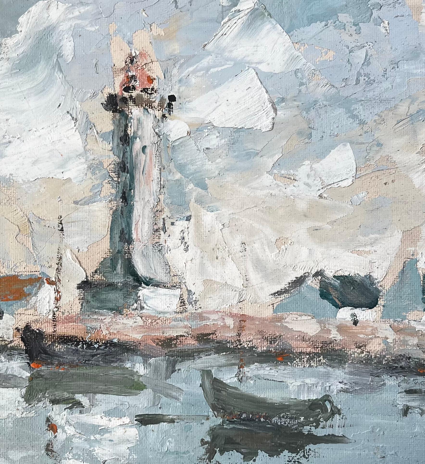 French Coastal Lighthouse Scene With Boats Cottages And Sky Oil Painting For Sale 3