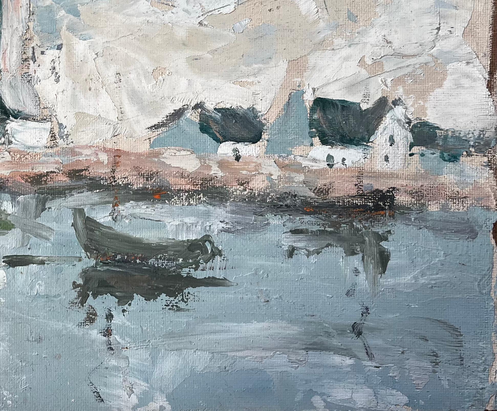 French Coastal Lighthouse Scene With Boats Cottages And Sky Oil Painting For Sale 4