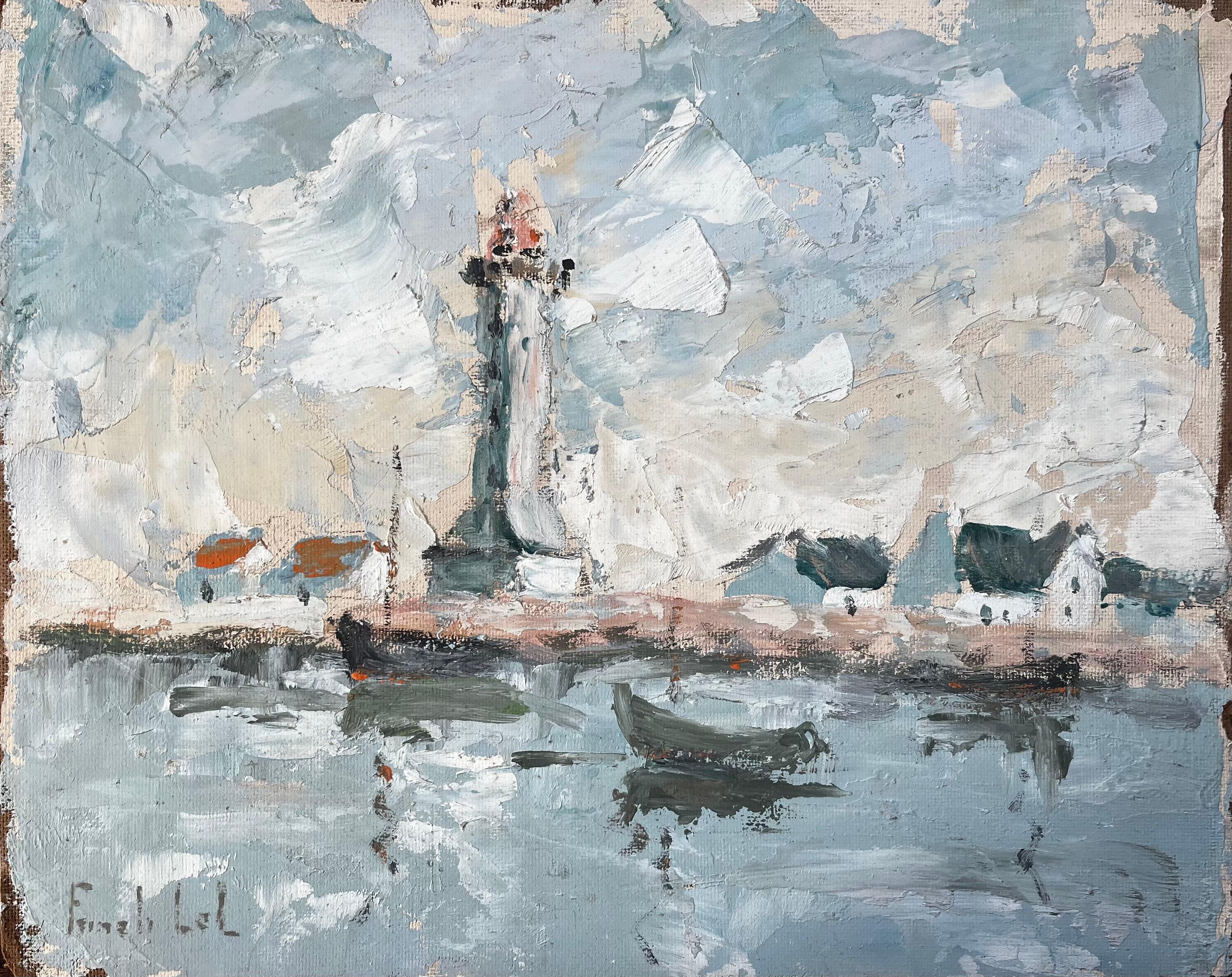 Fanch Lel Landscape Painting - French Coastal Lighthouse Scene With Boats Cottages And Sky Oil Painting