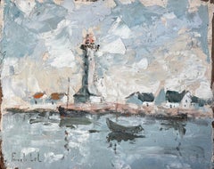 French Coastal Lighthouse Scene With Boats Cottages And Sky Oil Painting