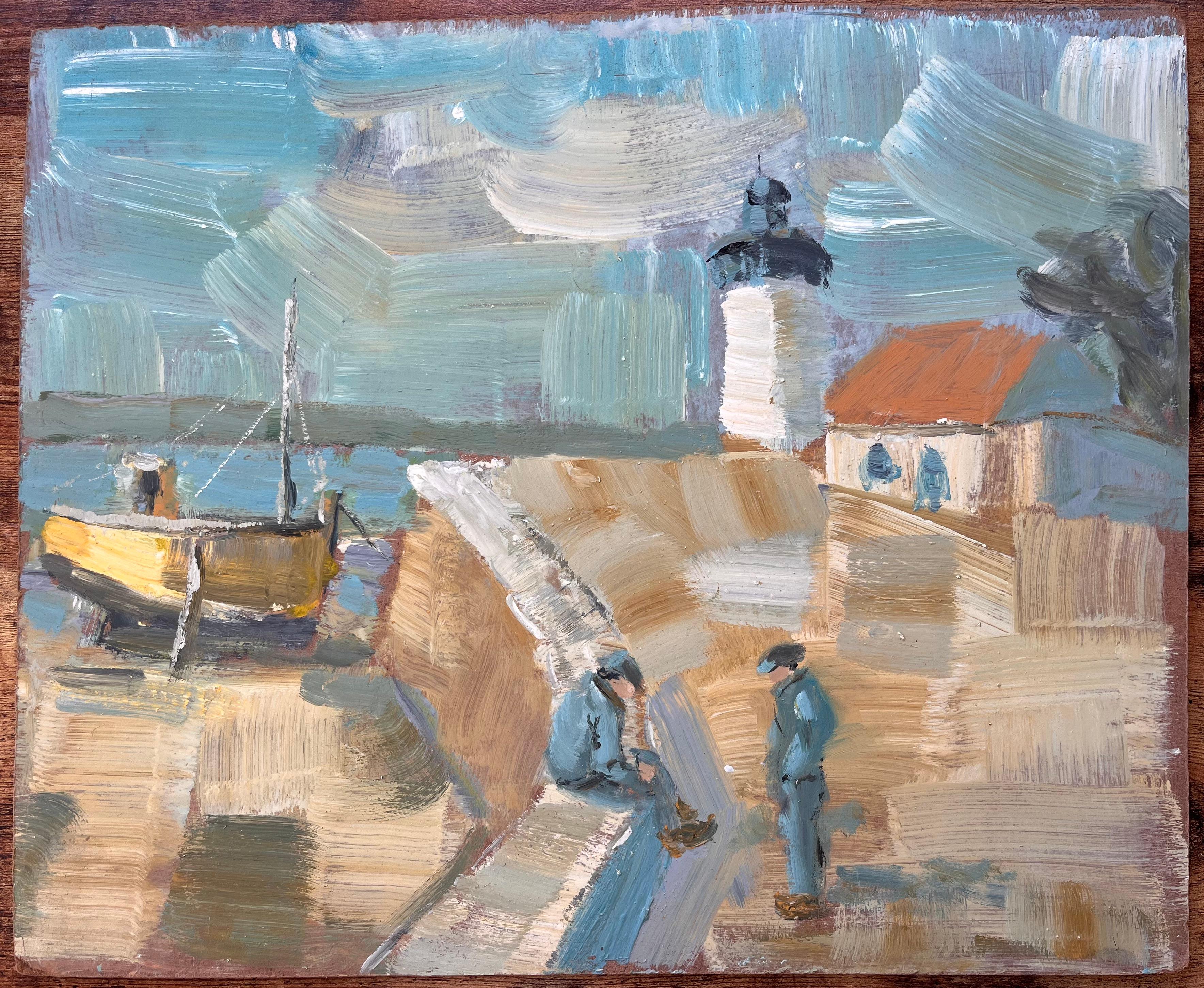 Französische Küsten-Leuchtturm-Szene mit Matrosen und gelbem Boot in kühnem Ölgemälde – Painting von Fanch Lel
