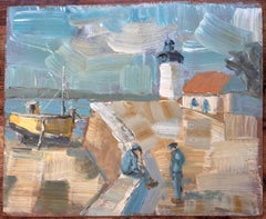 French Coastal Lighthouse Scene with Sailors and Yellow Boat in Bold Oil