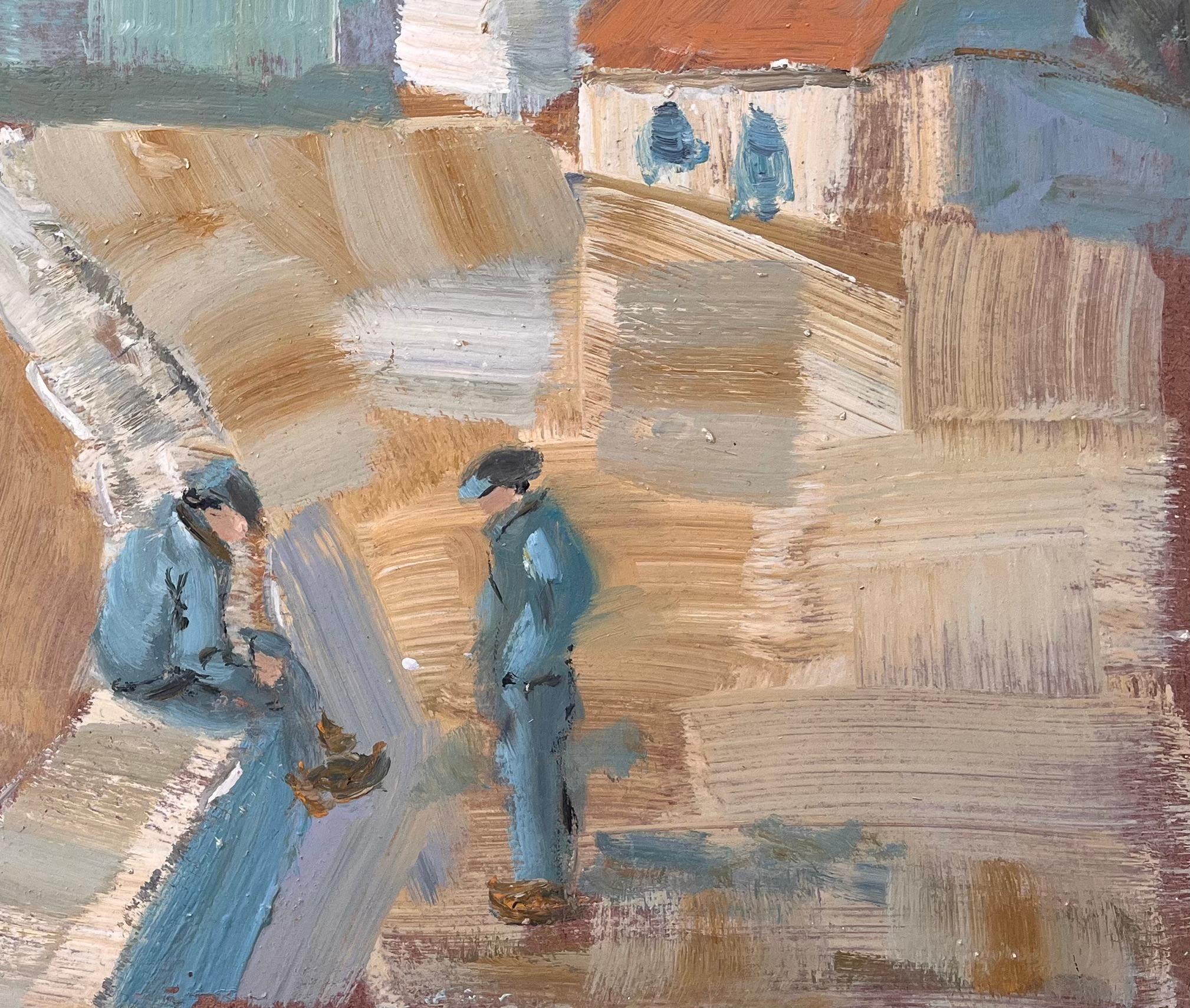 Französische Küsten-Leuchtturm-Szene mit Matrosen und gelbem Boot in kühnem Ölgemälde (Impressionismus), Painting, von Fanch Lel