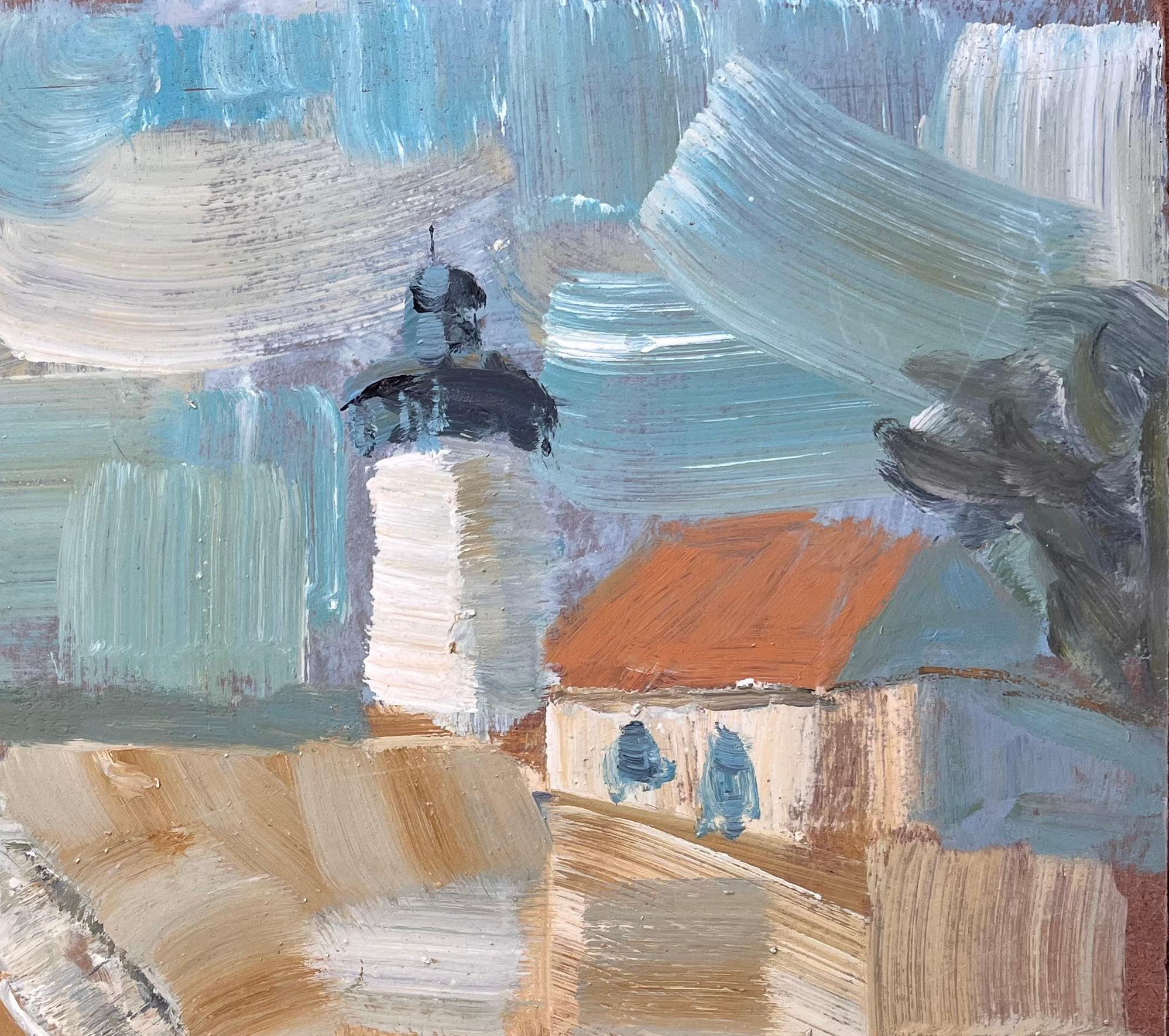 Französische Küsten-Leuchtturm-Szene mit Matrosen und gelbem Boot in kühnem Ölgemälde (Grau), Abstract Painting, von Fanch Lel