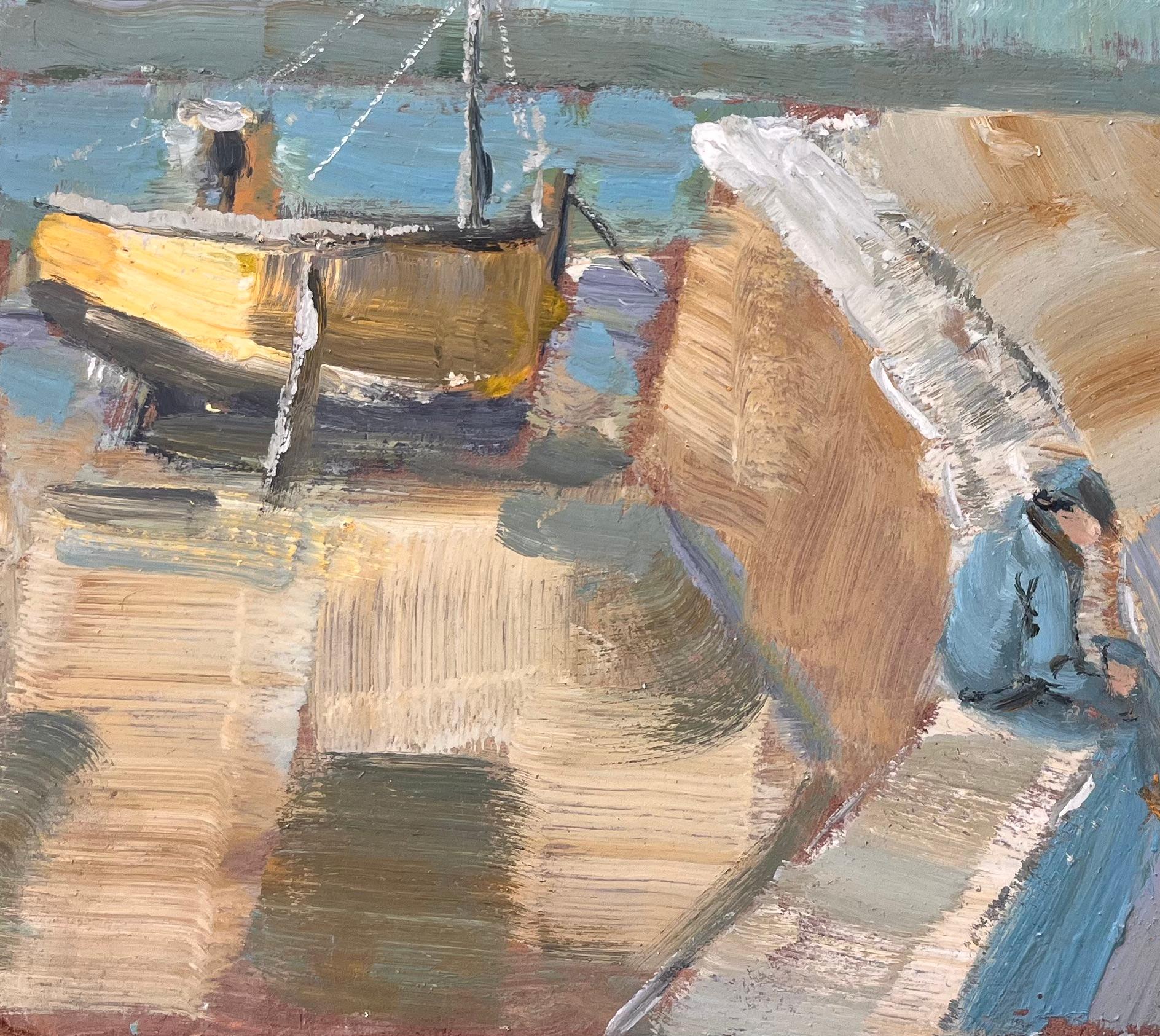 Titel: Französische Leuchtturmszene an der Küste mit Matrosen und gelbem Boot in kräftigem Öl
Von Fanch Lel
Größe: 17,75 x 21,75 Zoll (Höhe x Breite)
Ölgemälde auf Karton, ungerahmt
Zustand: Das Gemälde ist in gutem Zustand mit ausdrucksstarker