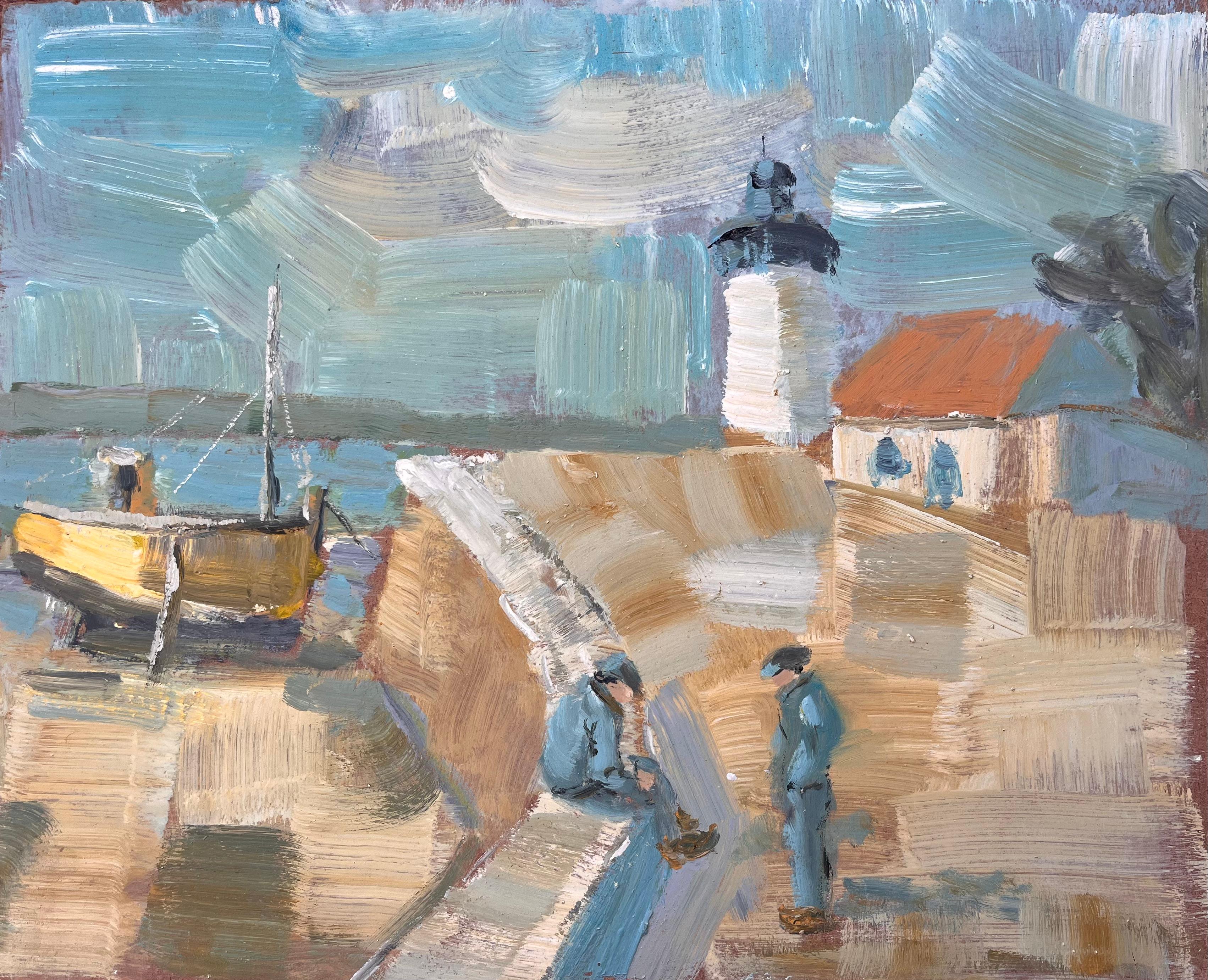 Fanch Lel Abstract Painting – Französische Küsten-Leuchtturm-Szene mit Matrosen und gelbem Boot in kühnem Ölgemälde