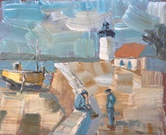 French Coastal Lighthouse Scene with Sailors and Yellow Boat in Bold Oil