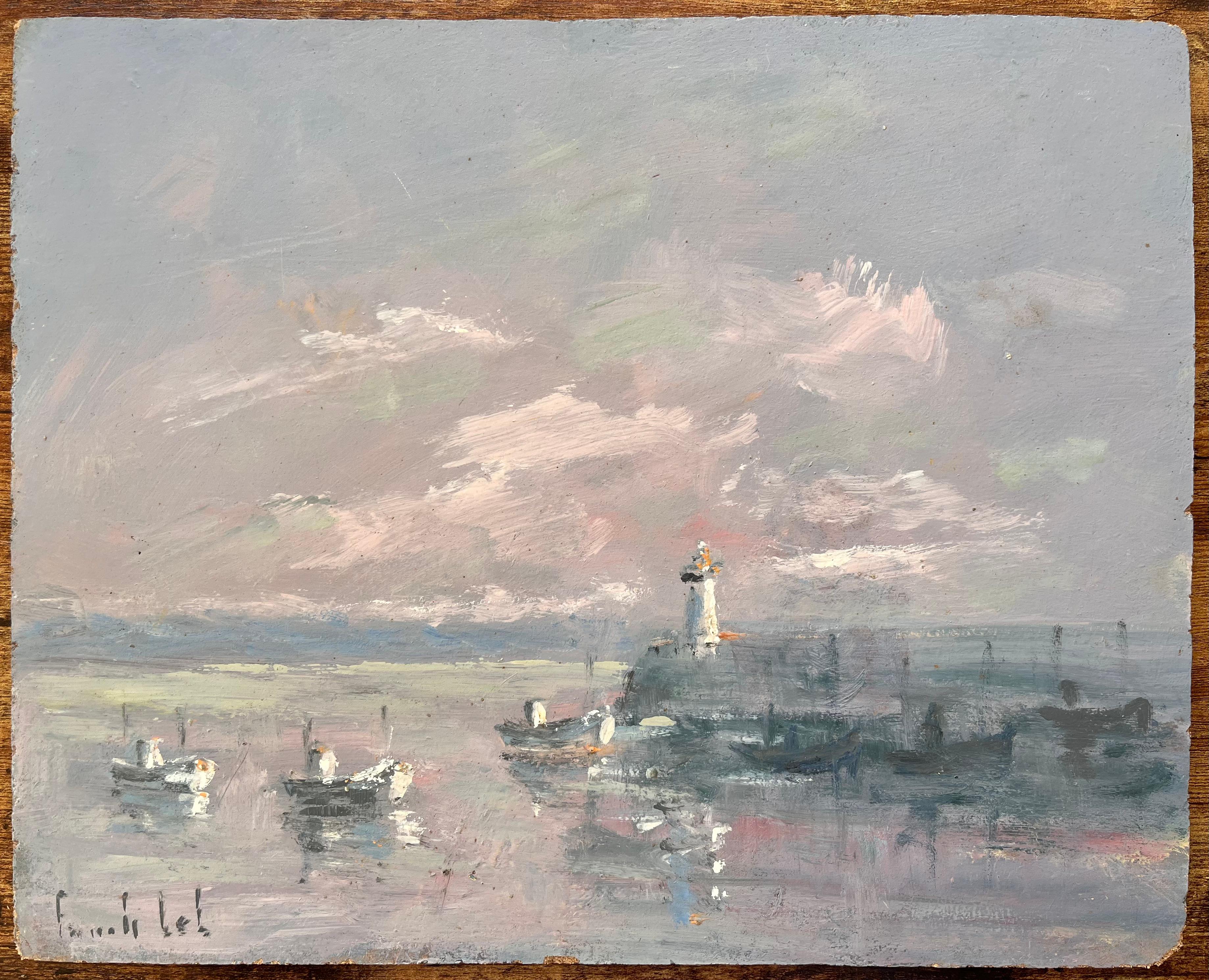 Französisches Küsten-Ölgemälde mit Leuchtturm und Fischerbooten in Le Port d'Étaples – Painting von Fanch Lel