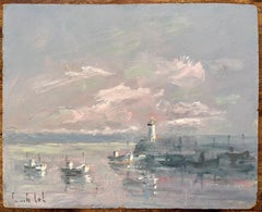 French Coastal Oil Painting of Lighthouse and Fishing Boats at Le Port d’Étaples