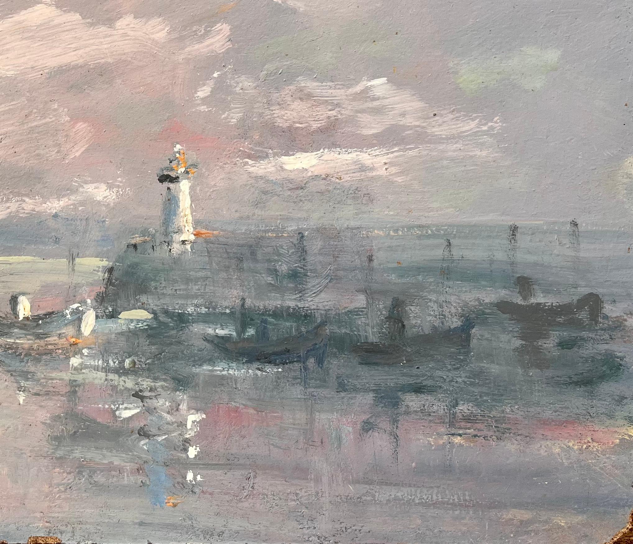 Französisches Küsten-Ölgemälde mit Leuchtturm und Fischerbooten in Le Port d'Étaples (Impressionismus), Painting, von Fanch Lel