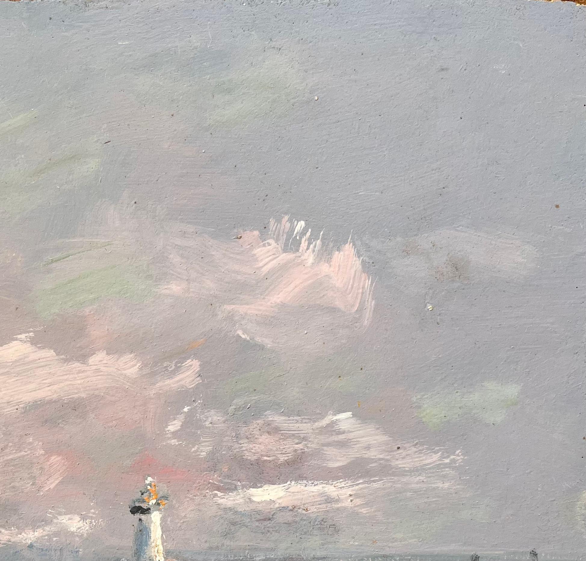 Französisches Küsten-Ölgemälde mit Leuchtturm und Fischerbooten in Le Port d'Étaples (Grau), Abstract Painting, von Fanch Lel