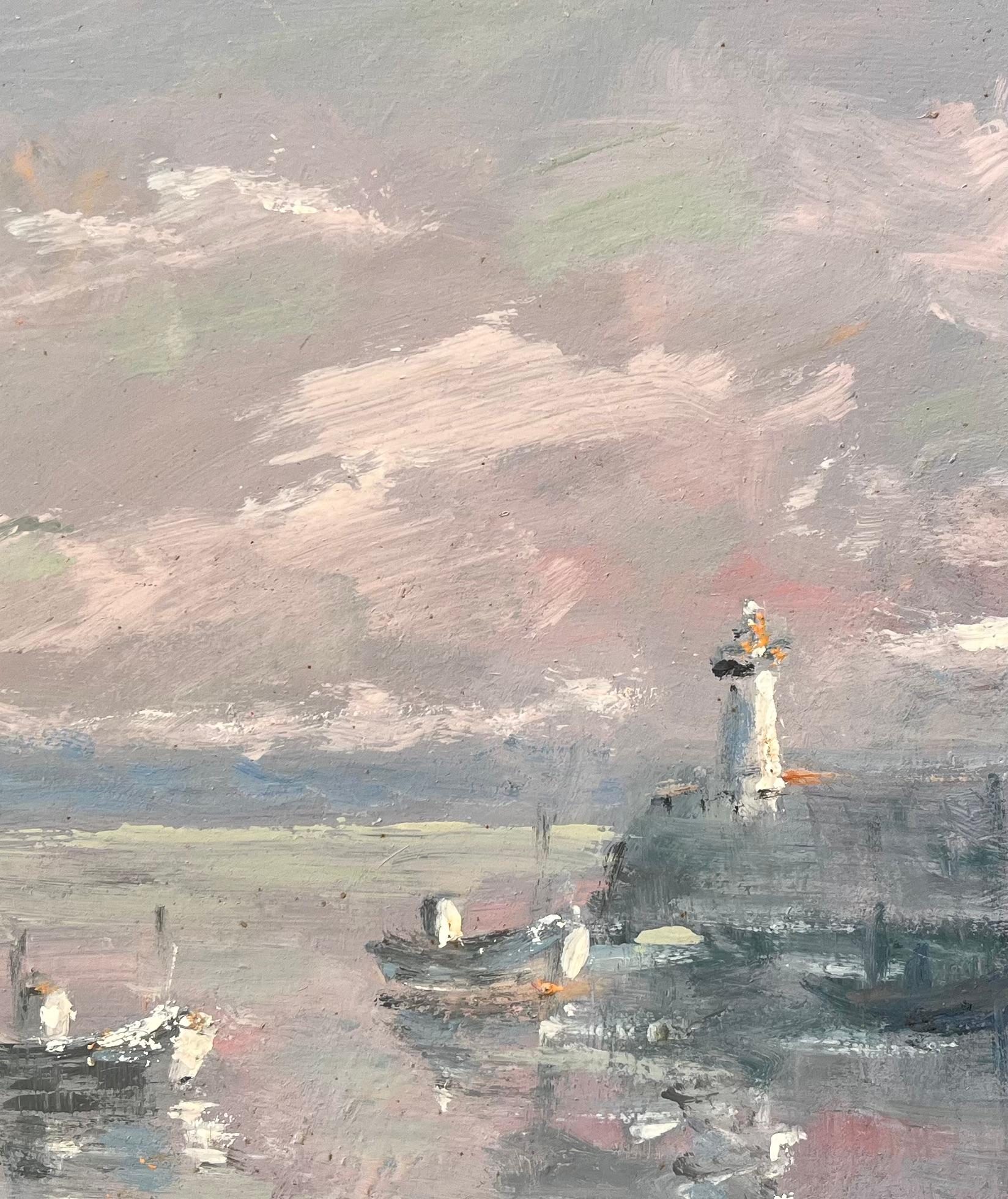 Französisches Küsten-Ölgemälde mit Leuchtturm und Fischerbooten in Le Port d'Étaples im Angebot 2