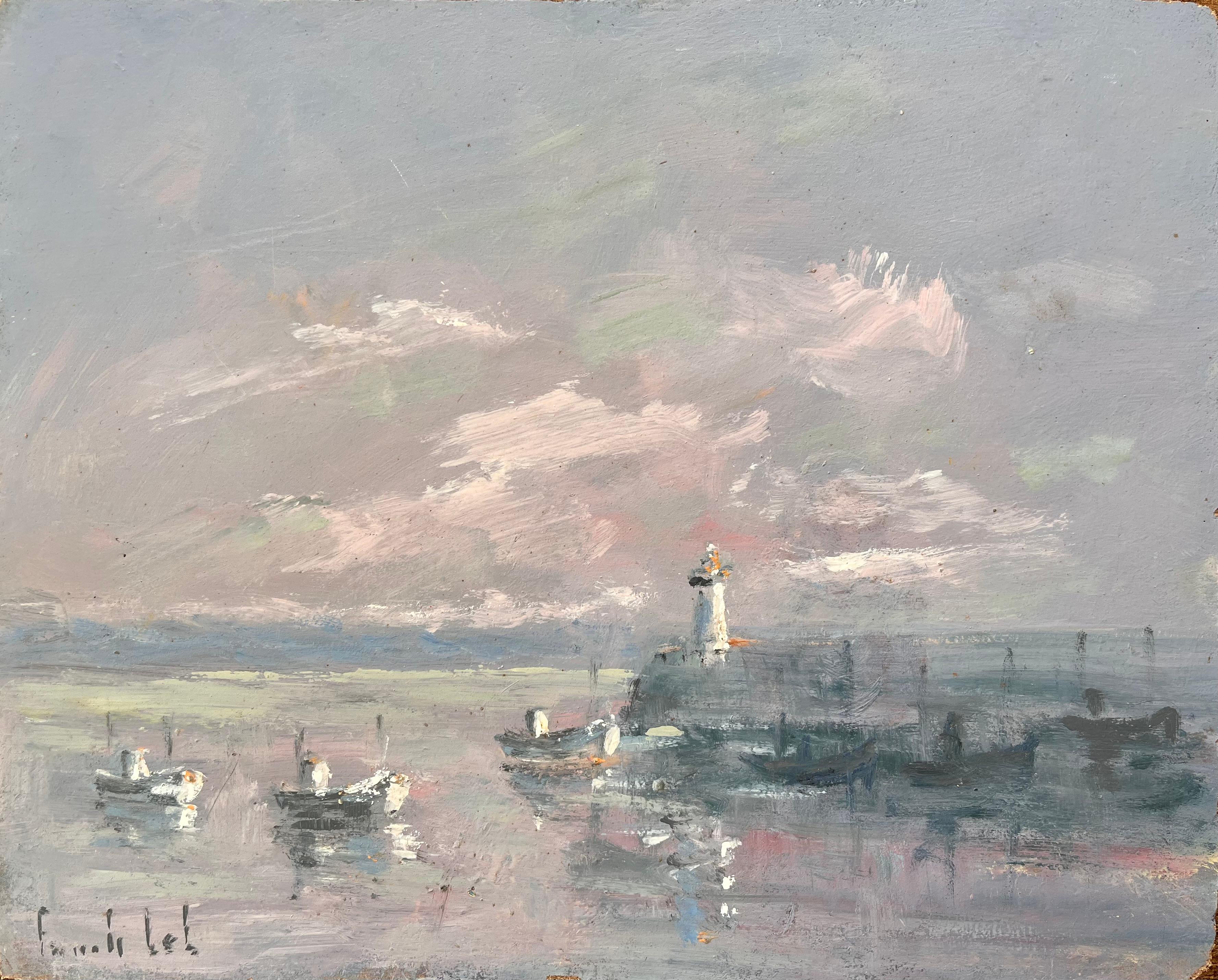 Peinture à l'huile représentant un phare et des bateaux de pêche au Port d'Étaples