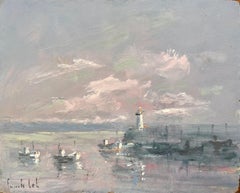 French Coastal Oil Painting of Lighthouse and Fishing Boats at Le Port d’Étaples