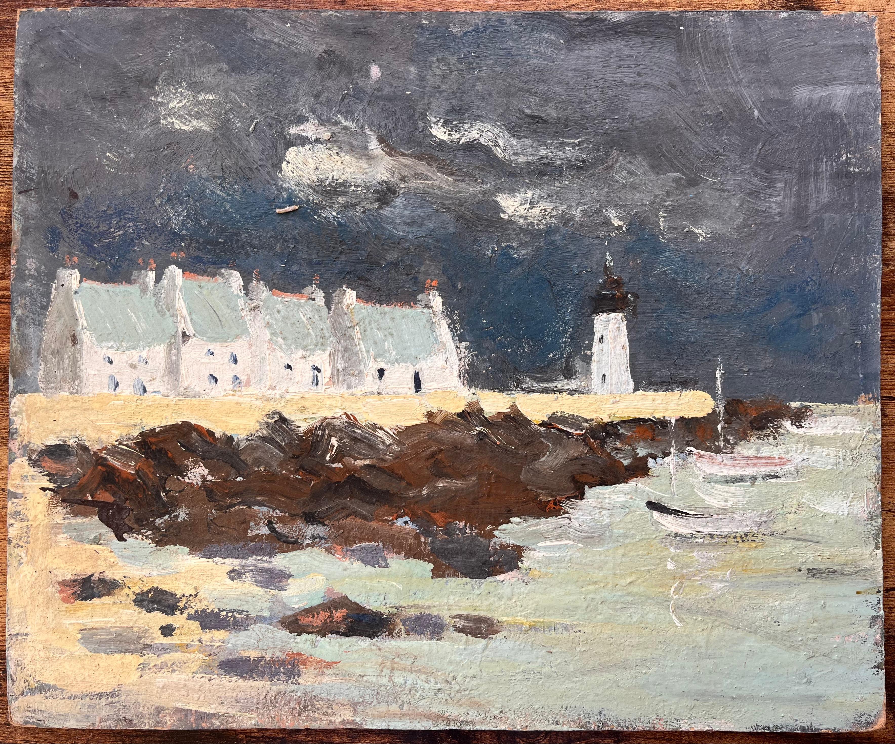 Französisches Küsten-Ölgemälde, Ölgemälde von Leuchtturm-Häusern, Felsküsten und stürmischem Himmel – Painting von Fanch Lel